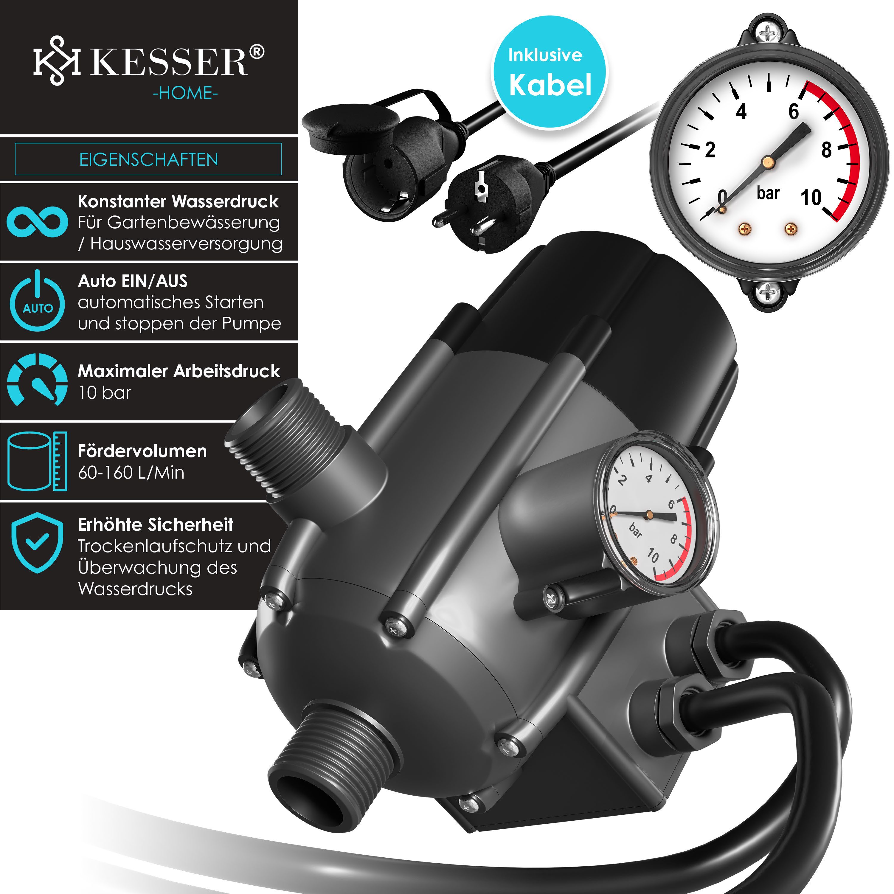 KESSER Wasserpumpe, Pumpensteuerung mit Baranzeige mit Kabel 10 bar Druckwächter