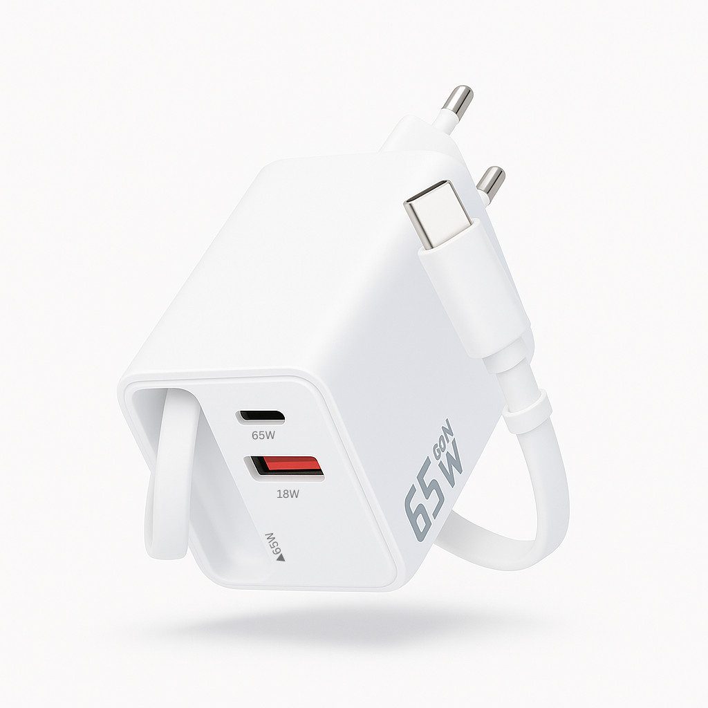 Alpha Electronics 65W GaN 3-Port USB C Ladegerät mit Einziehbarem Schnellladekabel Universal-Ladegerät (3250 mA, Spar-Set, 1-tlg., Kompaktes Reise-Netzteil für Smartphone, Tablet & Laptop Schwarz Weiß, 3-in-1 Schnellladegerät, PD Fast Charger mit USB-C & USB-A Ports)