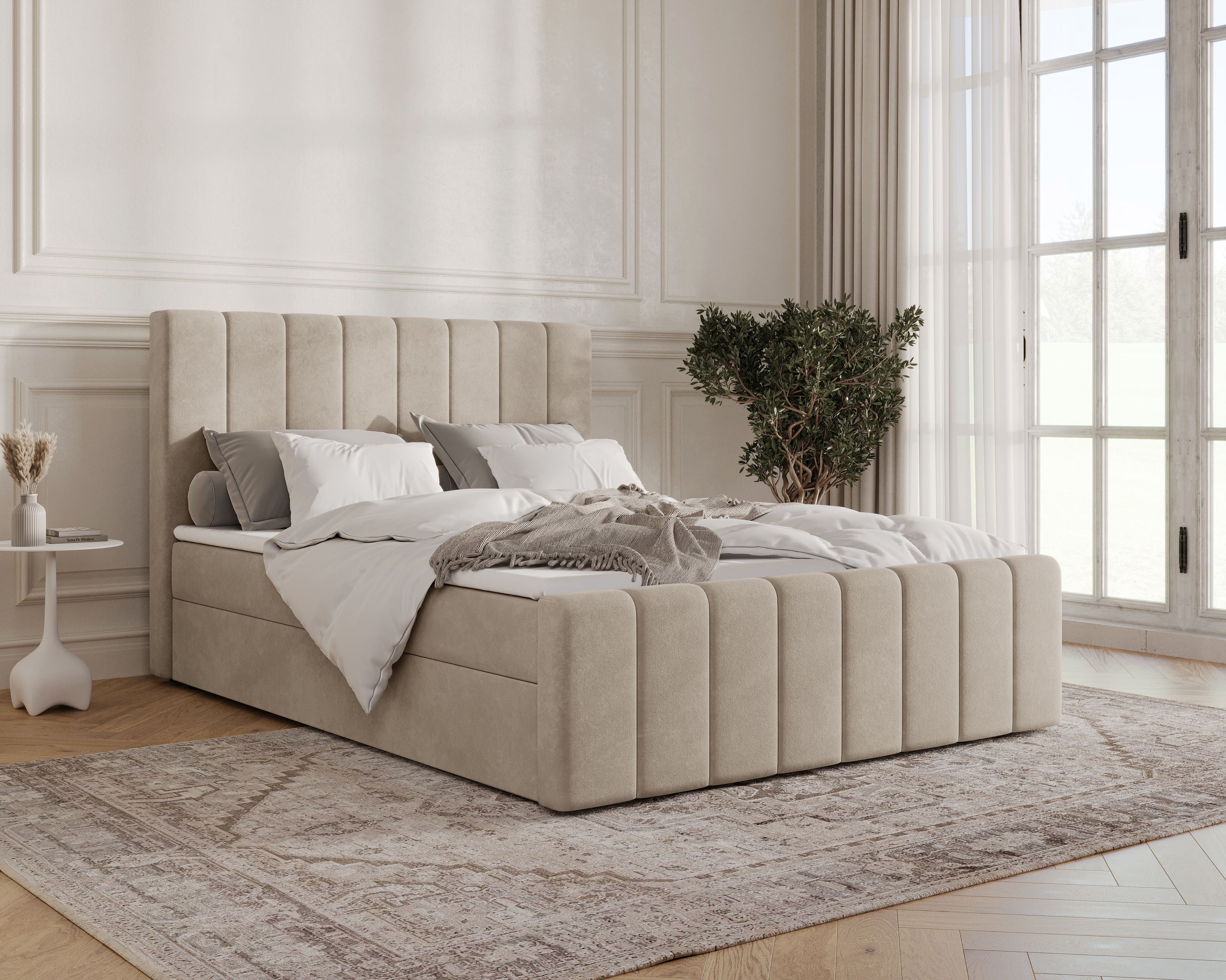 MOEBLO Boxbett BETT 01 BIS (Bonell, Topper, modernes Velours-Design mit Steppung & Stauraum, Doppelbett gepolstertes Kopfteil mit Bettkasten, aus Samt, Polsterbett Kontinentalbett, dekorativem Kopfteil, aus Samt), - (BxHxT):144/164/184x113x223 cm