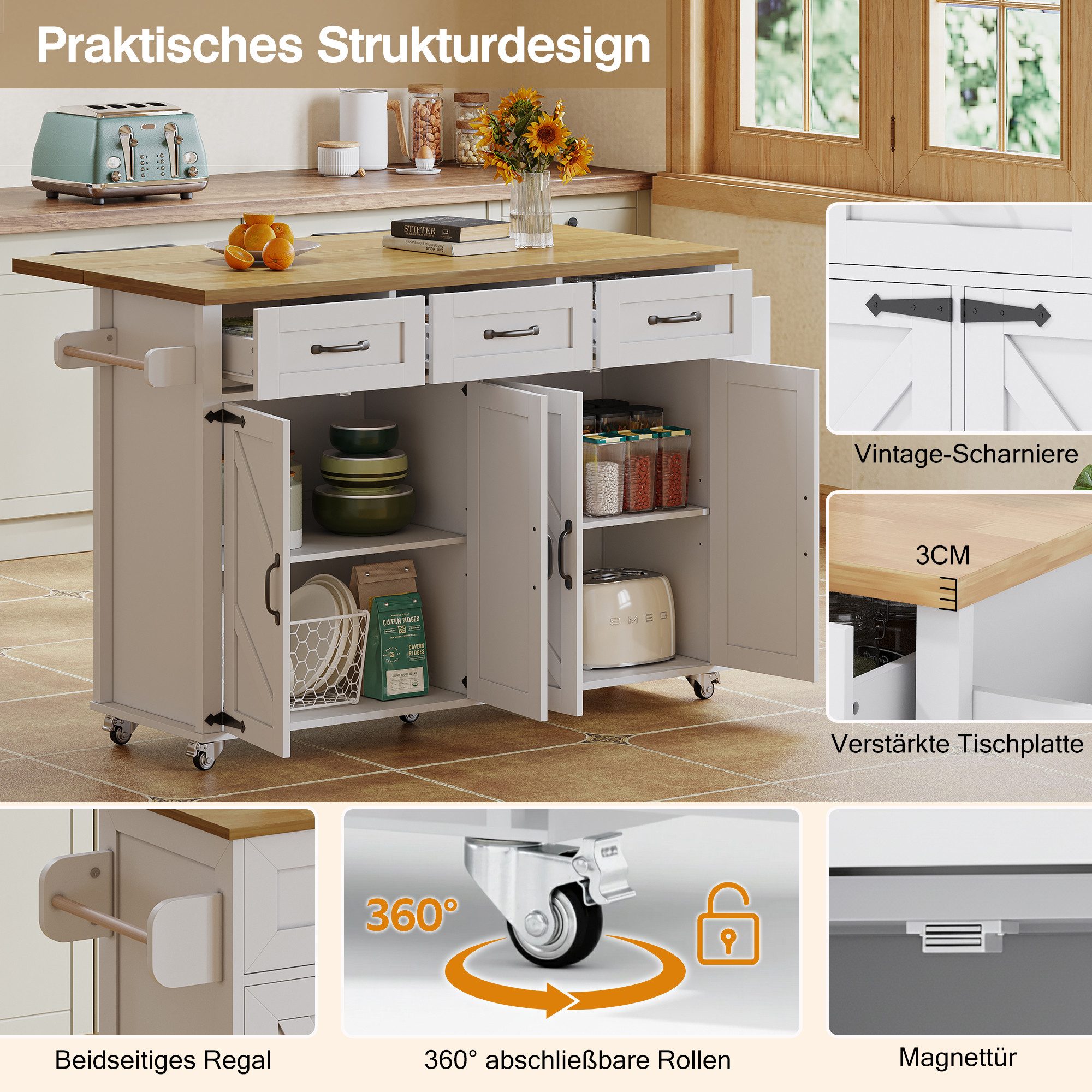 Odikalo Kücheninsel mit Arbeitsplatte, Küchenwagen Servierwagen, (Kücheninsel mit klappbarer Arbeitsplatte, ausgestattet mit 5 feststellbaren Rollen, 4 Türen, 3 Schubladen, Türregal, doppelseitigen Handtuchhaltern, Scheunenstil-Design, Weiß, 140x43(70)x90.5 cm)