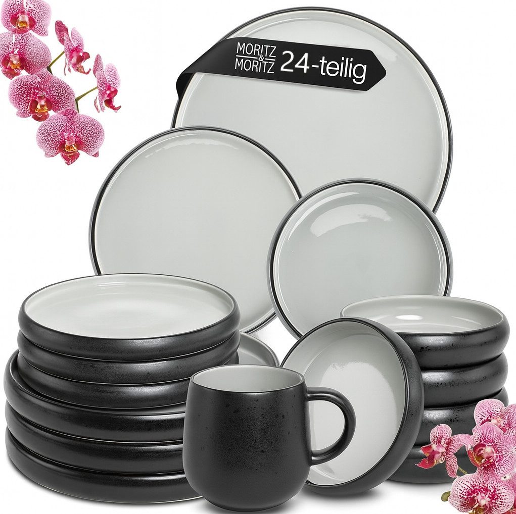 Moritz & Moritz Tafelservice SOLID UNI Geschirrset Grau mit Tassen (24-tlg), 6 Personen, Steinzeug, Kombigeschirr für 6 Personen
