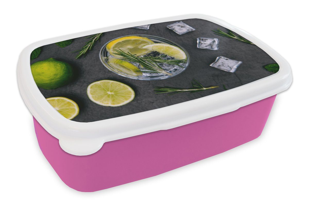 MuchoWow Lunchbox Getränk - Obst - Becher - Zitrone, Kunststoff, (2-tlg), Brotbox für Erwachsene, Brotdose Kinder, Snackbox, Mädchen, Kunststoff rosa