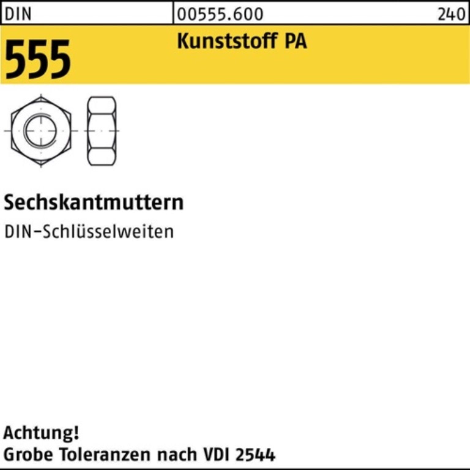 Reyher Muttern 1000er Pack 005556000060000 Sechskantmutter DIN 555 M 6 Polyamid
