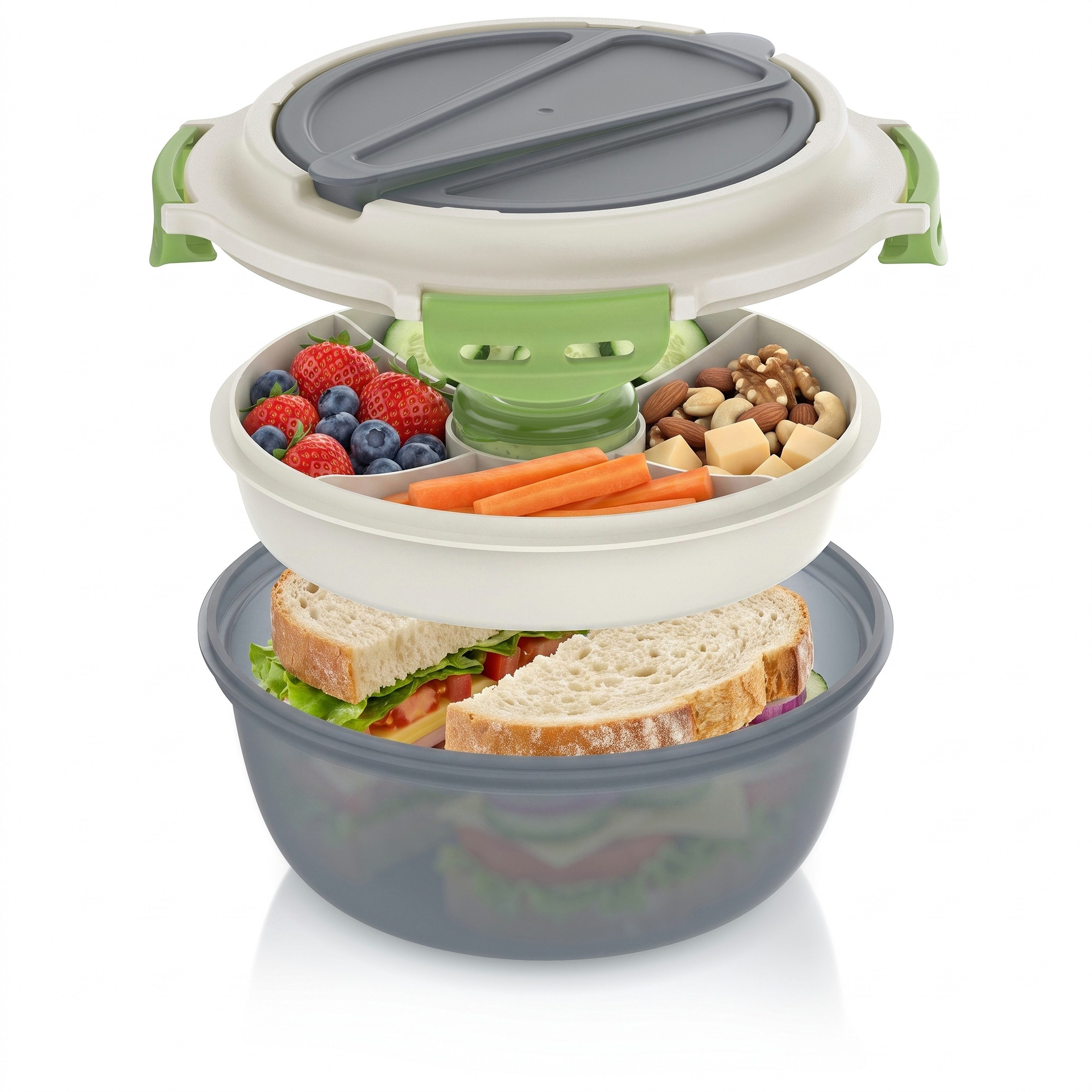 Arendo Lunchbox Meal Prep Box 1,2l, rund, luftdicht, Brotdose mit Trenntablett & Spork, Kunststoff, (1-tlg., 2 Trennstege, 2 Silikondichtungen), auslaufsicher, Silikondichtung, Saucenbox, spülmaschinengeeignet