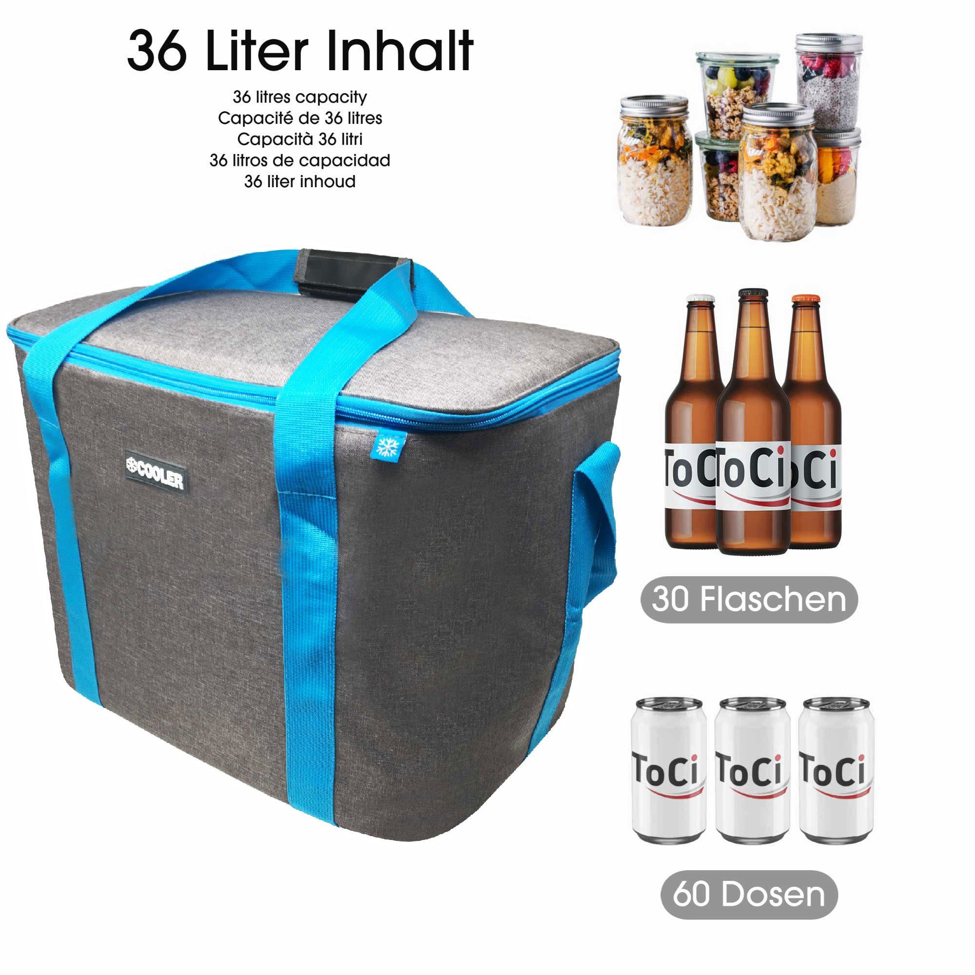 ToCi Kühltasche 36 Liter Kühltasche Kühlbox Camping Dunkel-Grau Thermotasche große