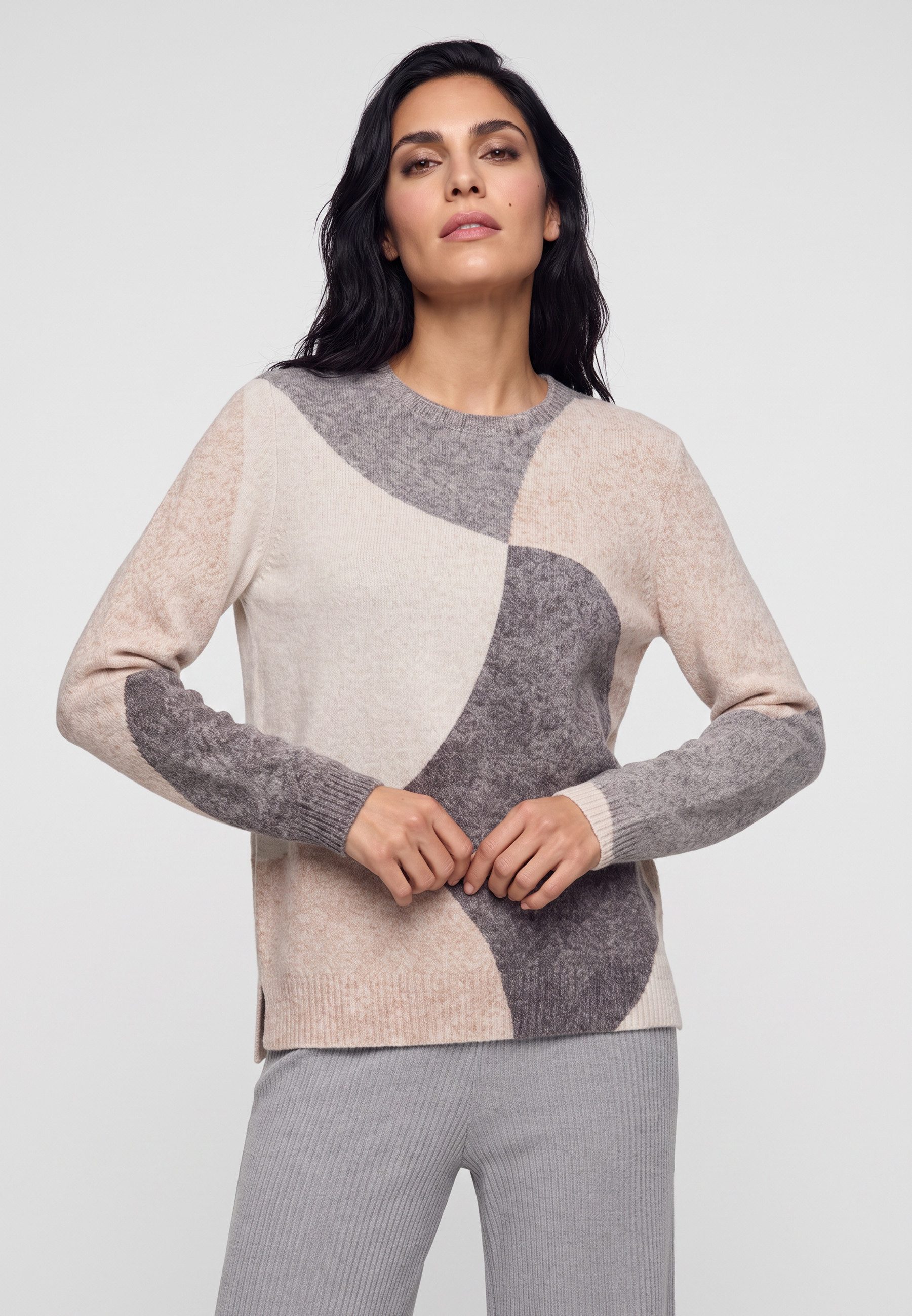 Olsen Strickpullover mit Panneaux-Dessin und Rundhalsausschnitt