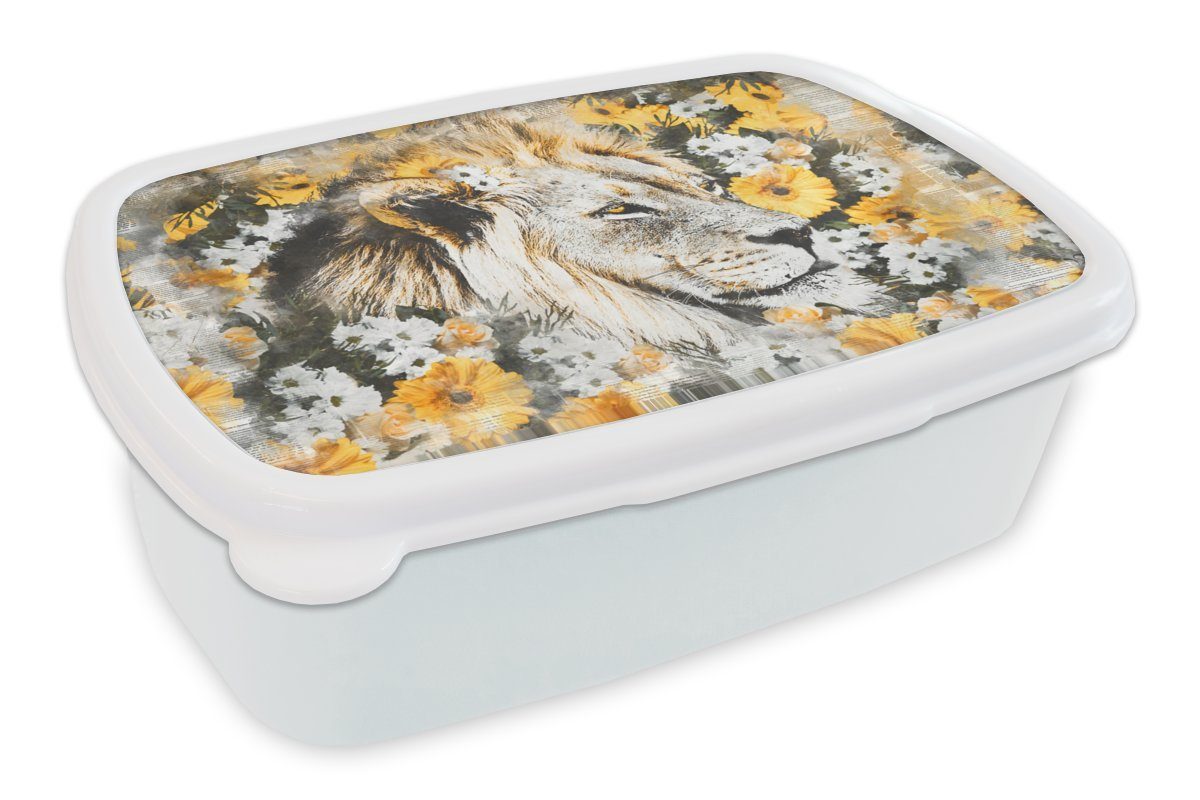 MuchoWow Lunchbox Löwe - Blumen - Schwarz - Weiß, Kunststoff, (2-tlg), Brotbox für Kinder und Erwachsene, Brotdose, für Jungs und Mädchen