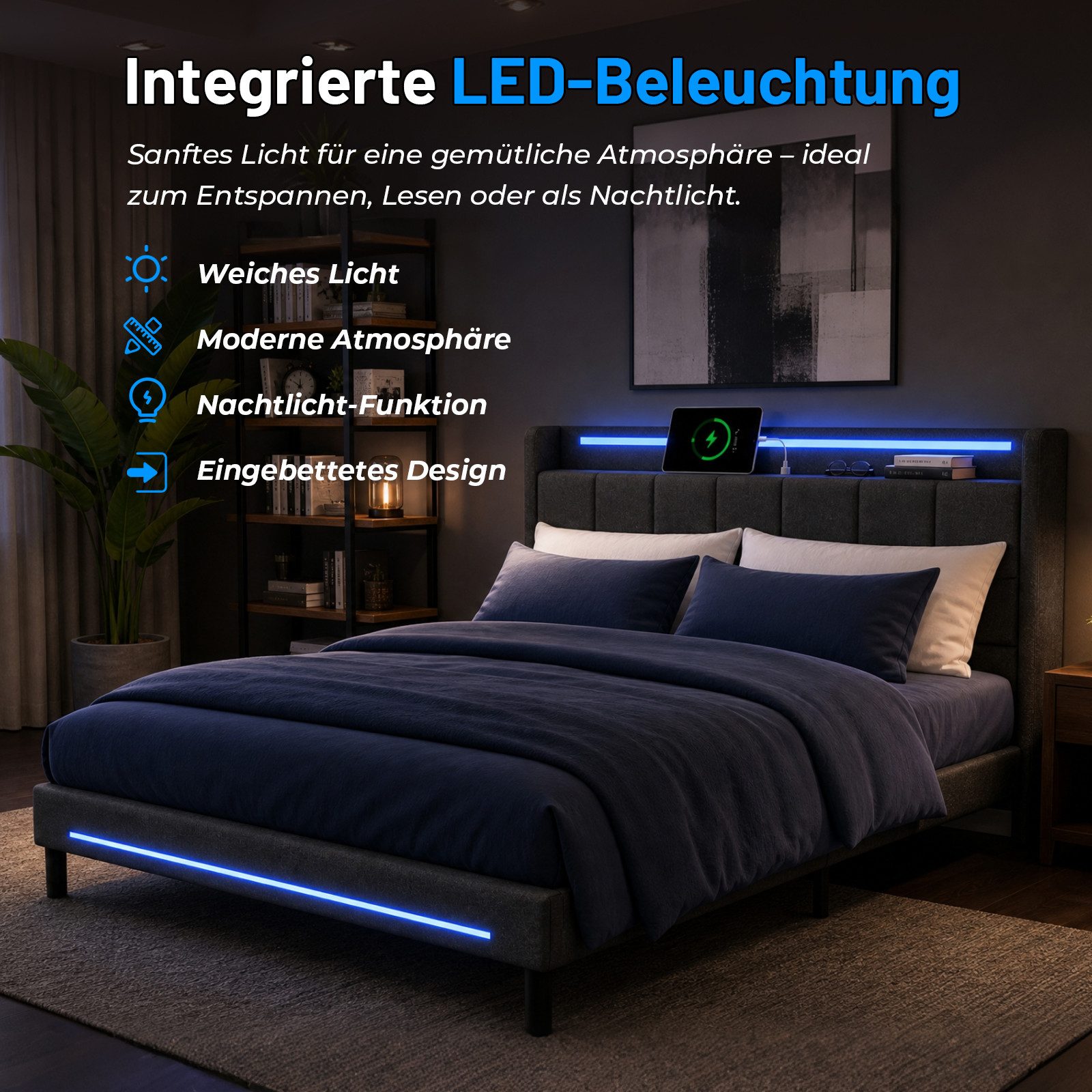Patbrela Polsterbett mit LED und USB-Ladefunktion, für Matratze 140x200/160x200 cm, Doppelbett mit gepolstertem Kopfteil