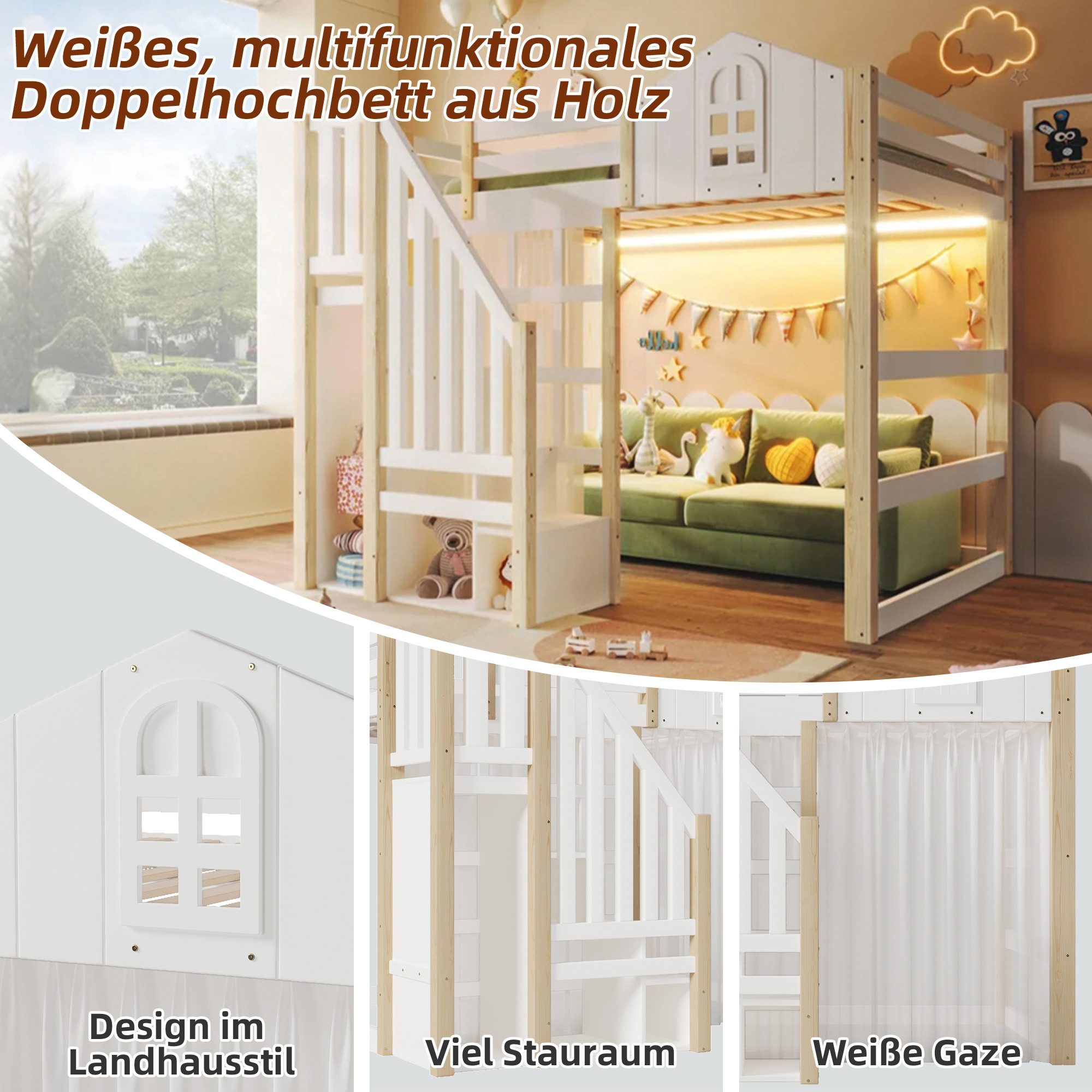 Ulife Etagenbett Hochbett Kinderbett mit LED-Leuchten, Fensterform, Ablageleiter (1-St., Ohne Matratze), Weiß+Natur, 140x200cm – Bild 5 von 5