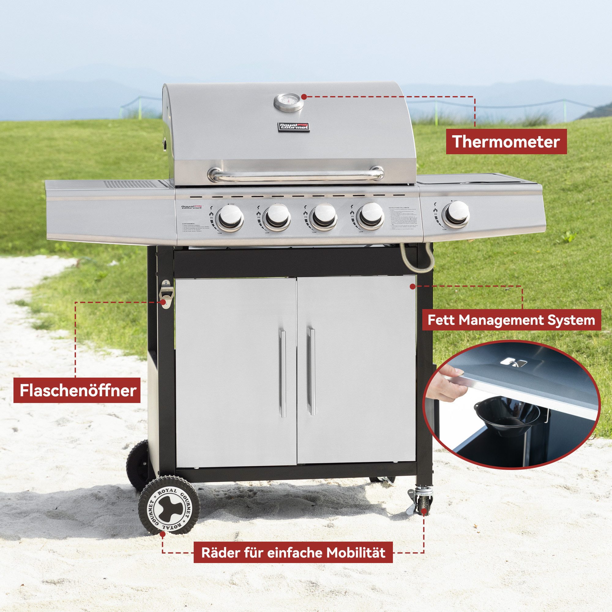 Royal Gourmet Gasgrill 4+1 Brenner Grillwagen mit Seitenbenner, automatischer Zündung, mit 14,5 kW Camping Gasgrill