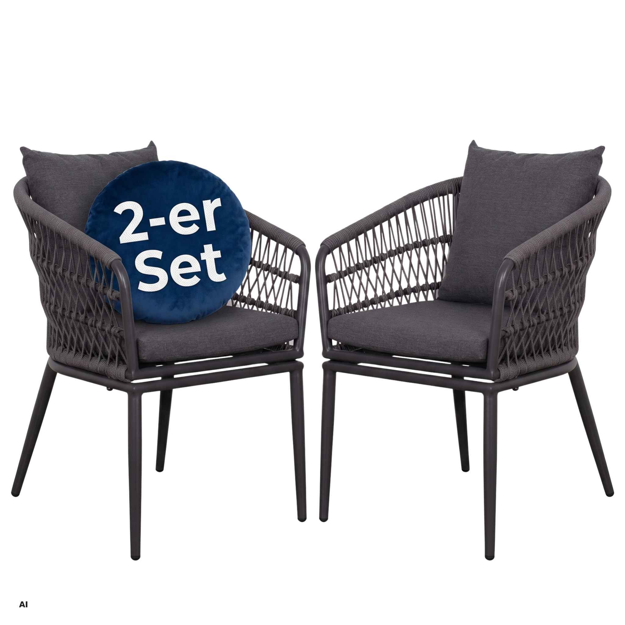 MR.DEKO Gartenstuhl 2er Set Diningsessel Gartensessel Genua Rope mit Kissen Outdoor Sessel (2er Set Sessel, 2 St), Relaxsessel Outdoor Garten wetterfest mit Rope-Geflecht