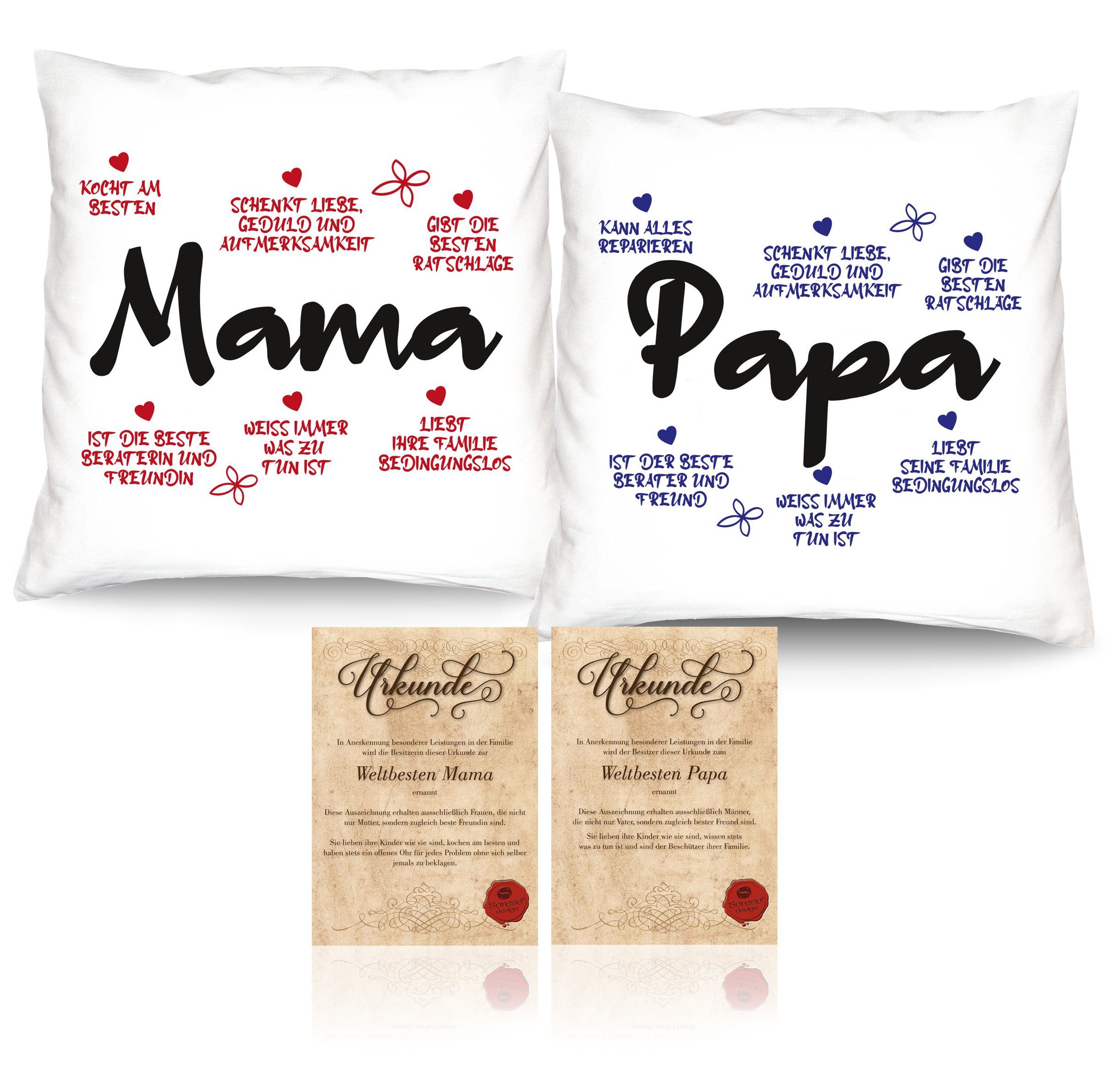 Soreso® Dekokissen Geschenk Set Mama Papa Weihnachten 2 Kissen Eltern Weihnachtsgeschenk, Geschenk-Set