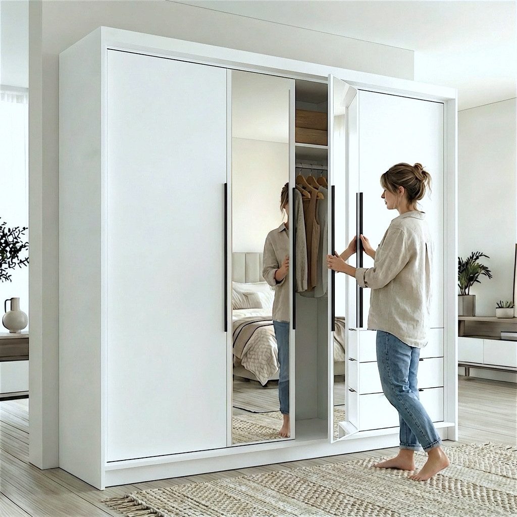 A&J MöbelLand GmbH Drehtürenschrank VIVO mit integrierten Schubladen (Geräumiger vier¬türiger Kleiderschrank mit Schubladen und Metallgriffen. Geräumiger Schrank mit einer Breite von 200 cm und Schubladen, ideal zur Aufbewahrung von Kleidung und Accessoires. Viel Stauraum. TOP PRODUKT! Wählen Sie das ideale Modell für Ihr Schlafzimmer!, TOP ANGEBOT) Breite: 200 cm, Höhe: 215 cm, Tiefe: 59,5 cm