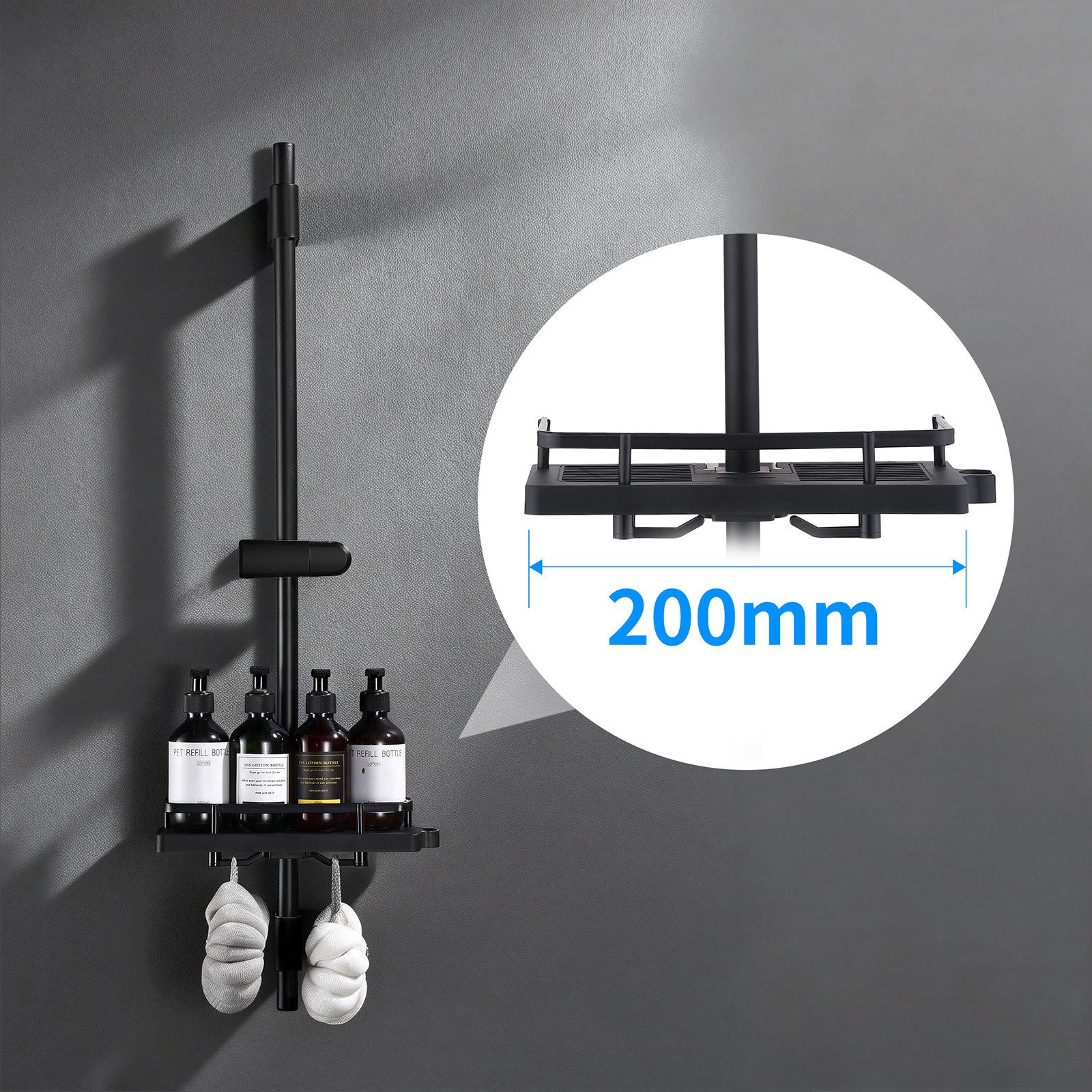 HOMELODY Duschstange ohne Bohren Edelstahl höhenverstellbar mit Ablage,90cm, Frei kombinierbar mit Handbrause oder Badewannenarmatur,Schwarz