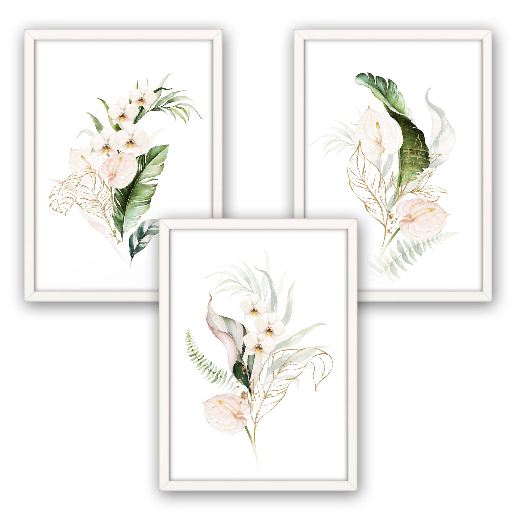 Poster Weiße Orchideen, Blumen (Set, 3 St), 3-teiliges Poster-Set, Kunstdruck, Wandbild, optional mit Rahmen, wahlw. in DIN A4 / A3, 3-WP002