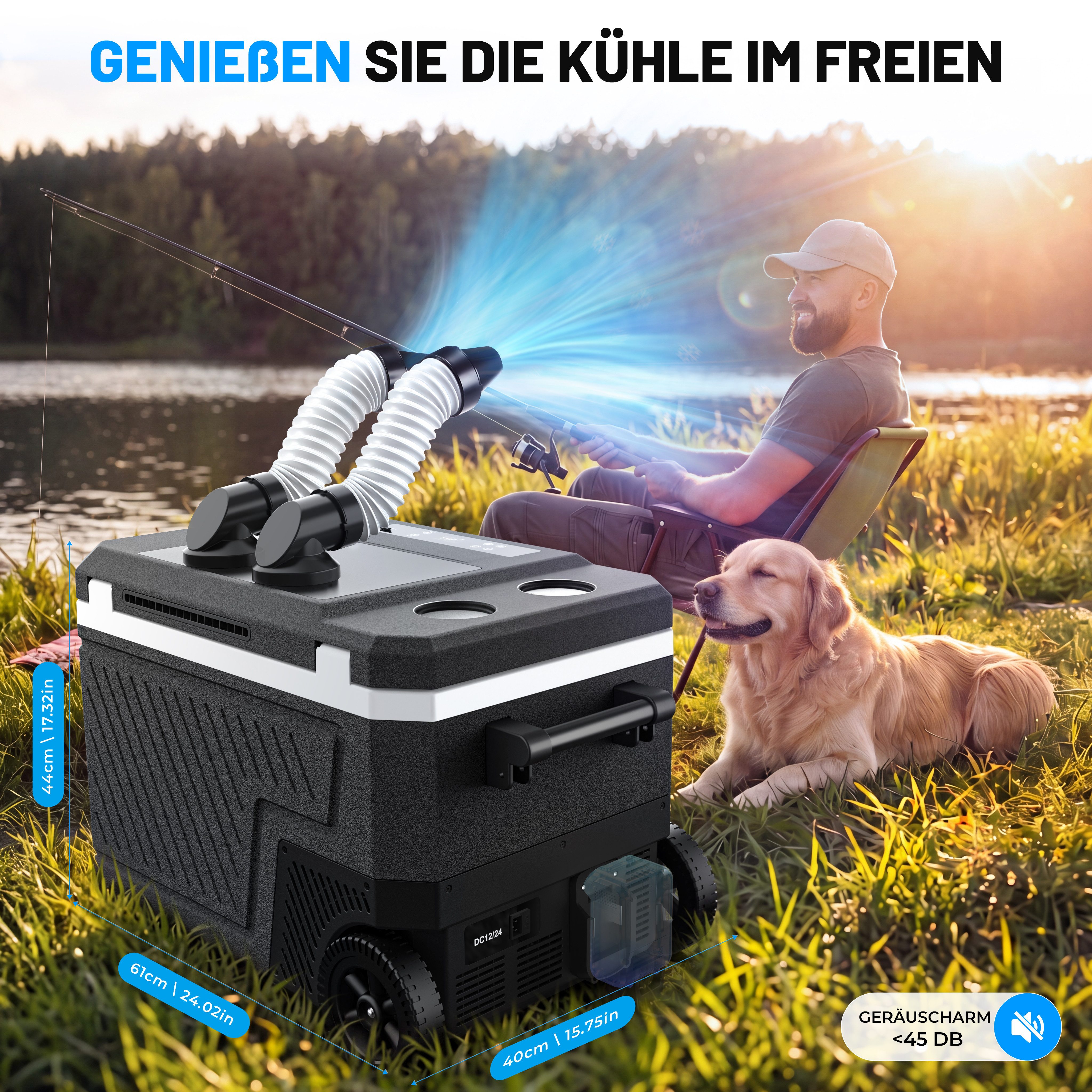 oyajia Elektrische Kühlbox Kompressor Kühlbox mit Luftkühlfunktion, bis -20℃, 12V/24V 230V,Type-C, 45 l, Tragbarer Outdoor Kühlschrank mit Rädern & Griff, Batterieanschluss