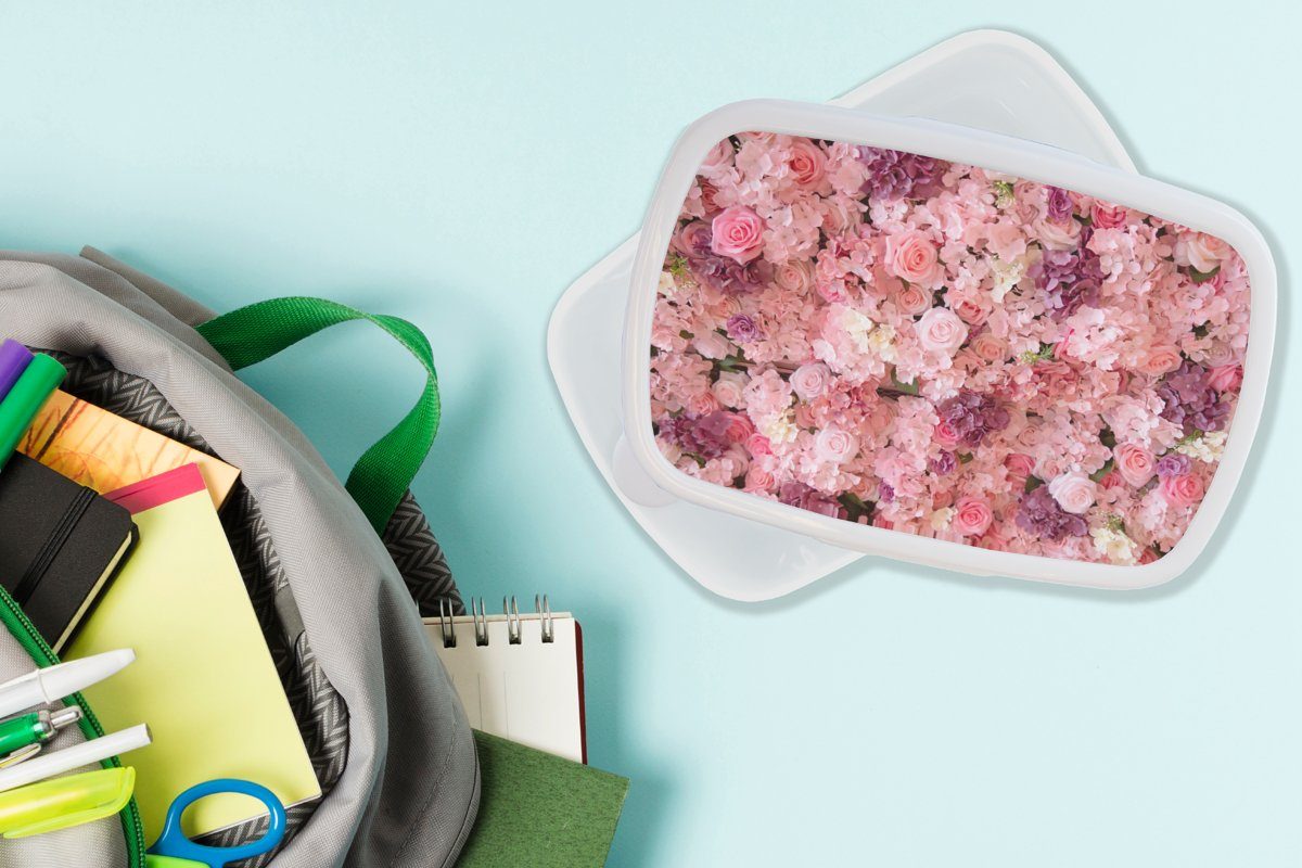 Lunchbox und und weiß Mädchen - (2-tlg), Erwachsene, Kinder Blumen für Brotbox Brotdose, Jungs MuchoWow Rosa für Kunststoff, - Rosen,