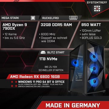 SYSTEMTREFF Gaming-PC (AMD Ryzen 9 7900X, Radeon RX 6800, 32 GB RAM, 1000 GB SSD, Wasserkühlung, Windows 11, WLAN)