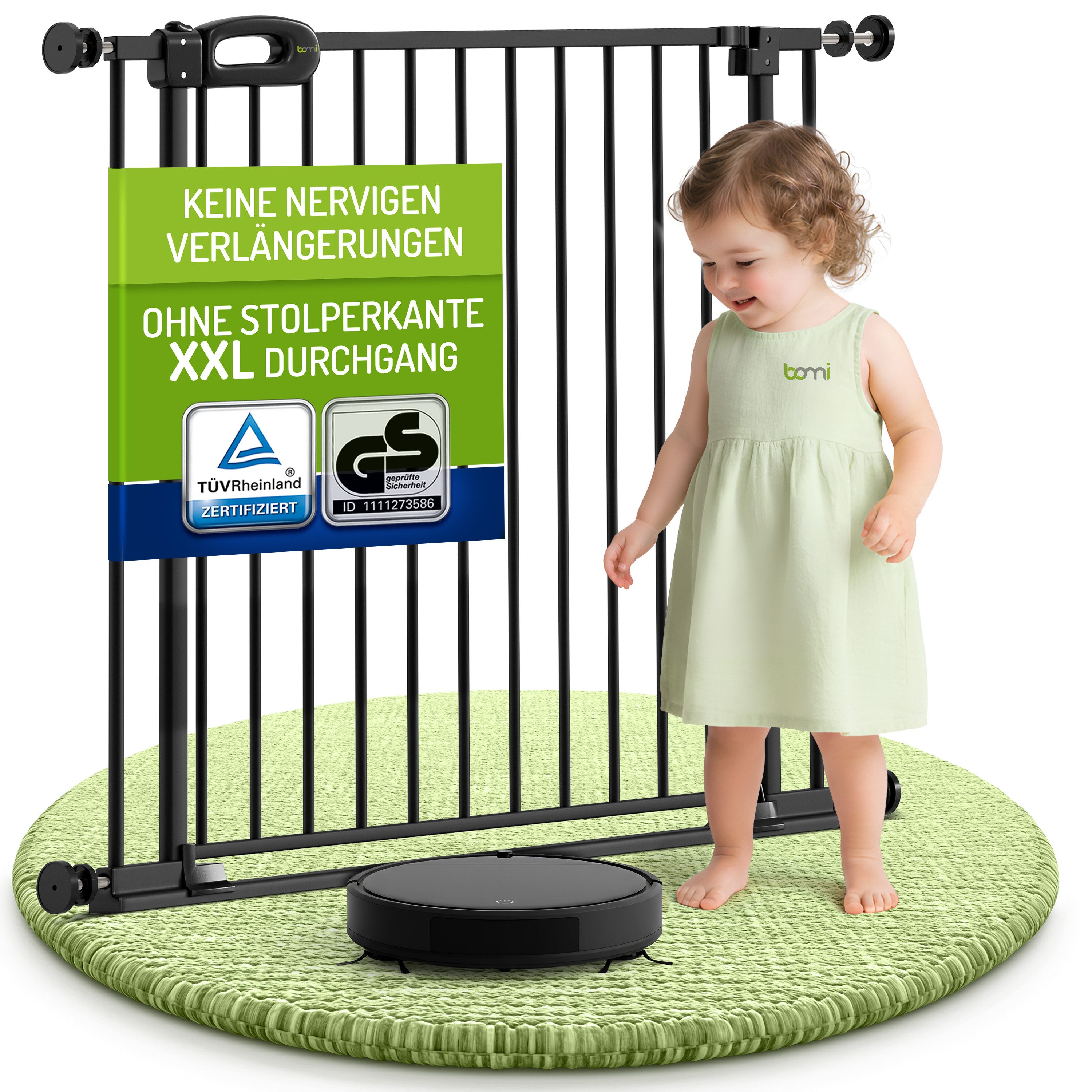 BOMI Türschutzgitter Treppenschutzgitter Merle Flatstep, Babygitter flacher Steg, 63-217 cm (verschiedene Größen, klemm- & verschraubbar), 2-Wege-Öffnung, geprüftes Kindergitter, extra breiter Durchgang