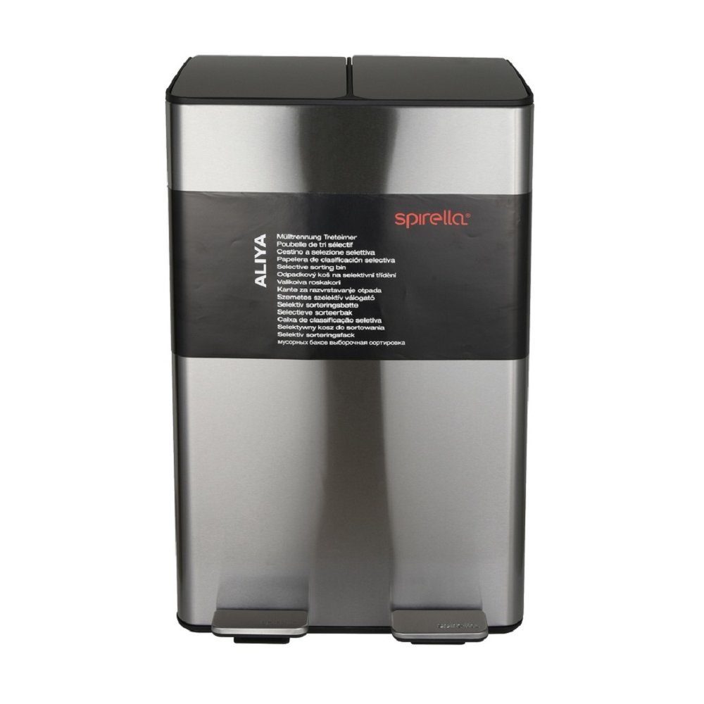 spirella Mülltrennsystem ALIYA, 2 Kammern Abfall Treteimer XL, 40 L, Softclose Absenkautomatik, herausnehmbare Innenbehälter, Anti-Fingerprint Oberfläche, Stahl matt-satiniert, für Küche, Büro, Hauswirtschaftsraum, 2 x 20 L, silberfarben