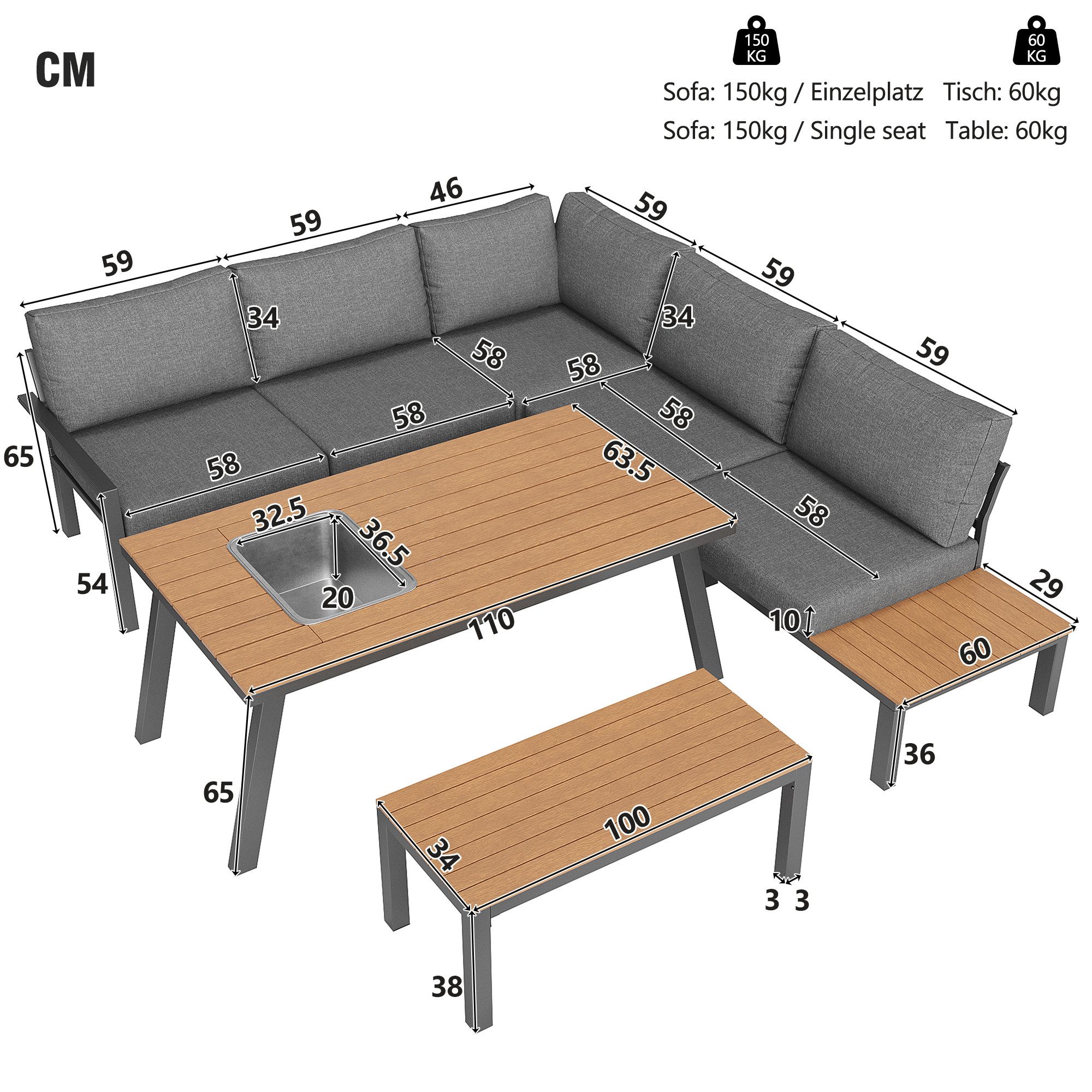 Celya Gartenlounge-Set Gartenlounge-Set für 7 Personen, wetterfeste Sitzgruppe, Essgruppe, (Gestell aus verzinktem Eisen, Tischplatte mit Eiskübel, geeignet für Garten, Balkon, Terrasse, Grey), modernes Gartenmöbel-Set