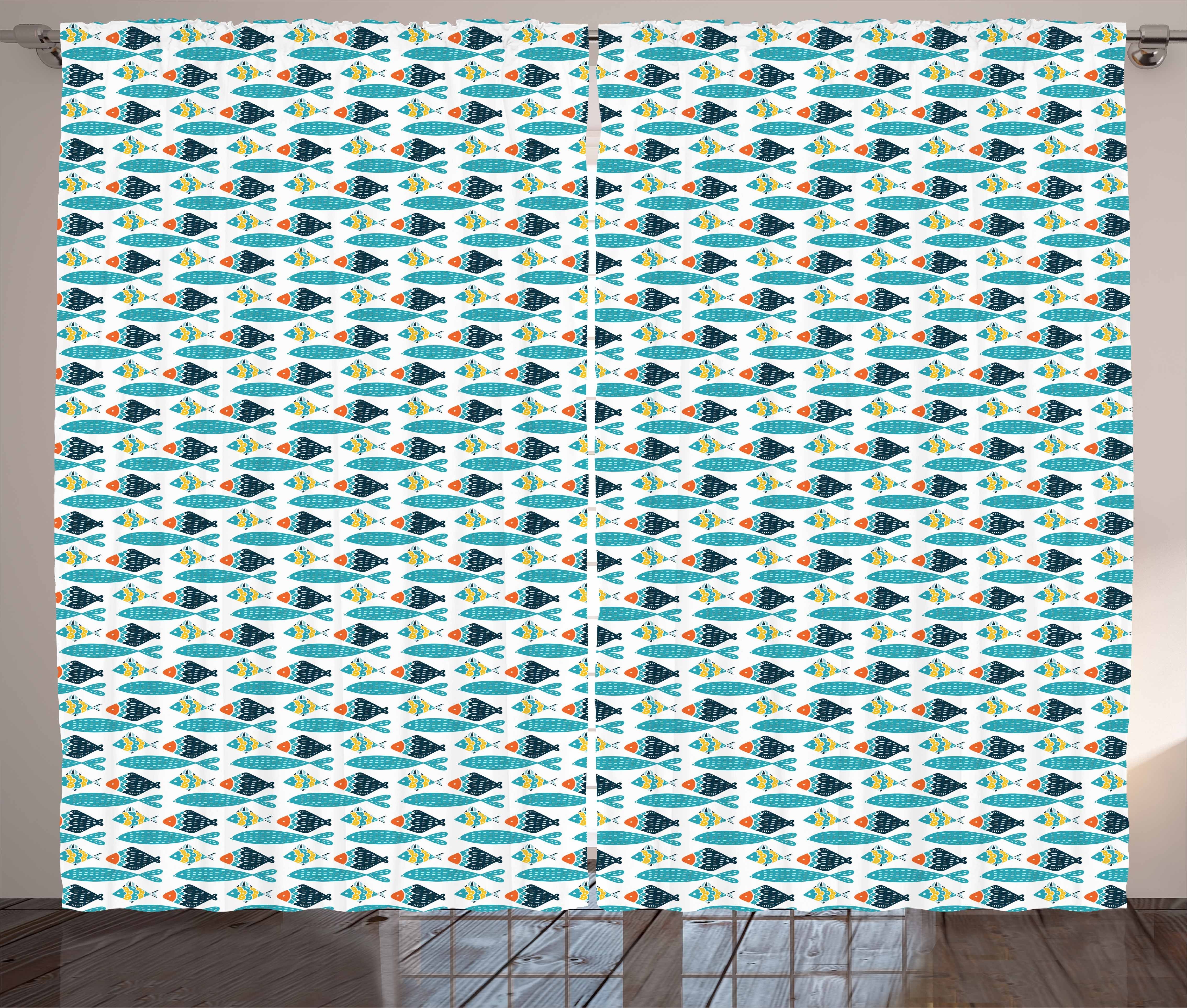 Gardine Schlafzimmer Kräuselband Vorhang mit Schlaufen und Haken, Abakuhaus, skandinavisch Buntes Fisch-Muster