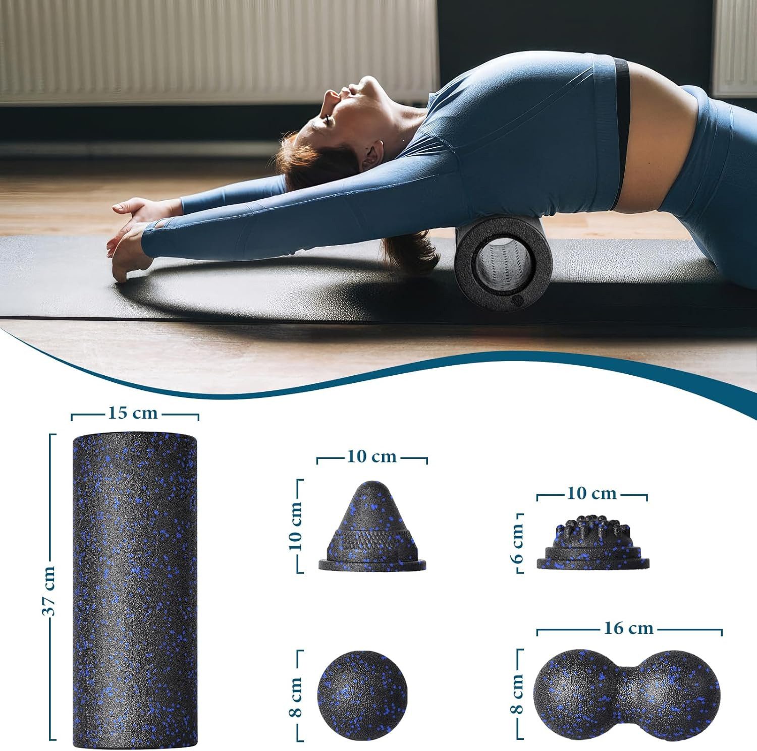 skelo Massagerolle Faszienrolle Set (37 x 15 cm), Faszienball Blackroll Foam Roller (Faszienrolle (37*15 cm), Faszienball (8 cm), Duoball (16*8 cm), Triggerpunkt (10 cm), Fußmassageball (10*6 cm)., 5-tlg), Faszien-Tools, Fitness-Massagegeräte für effektives Training