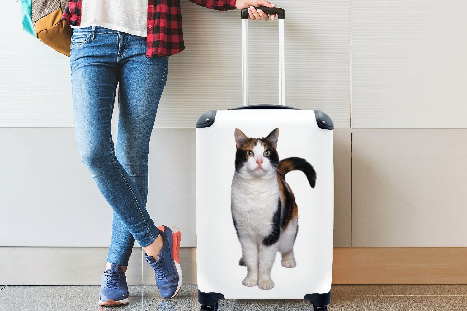 Reisetasche MuchoWow Hintergrund, für weißem 4 Katze mit Handgepäck Rollen, auf Gefleckte Ferien, Trolley, rollen, Reisekoffer Handgepäckkoffer