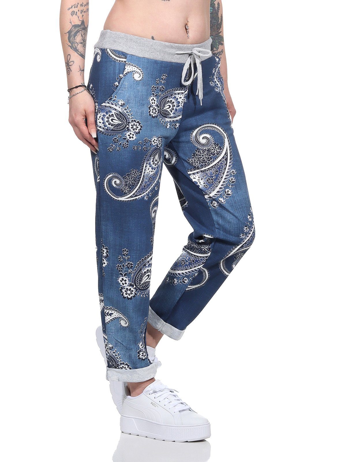 Damenmode Damen moderner und leichte dunkelblau Aurela Jogger in mit Bund Haushose Schnürung Jeansoptik Freizeithose Pants elastischem Jeansoptik