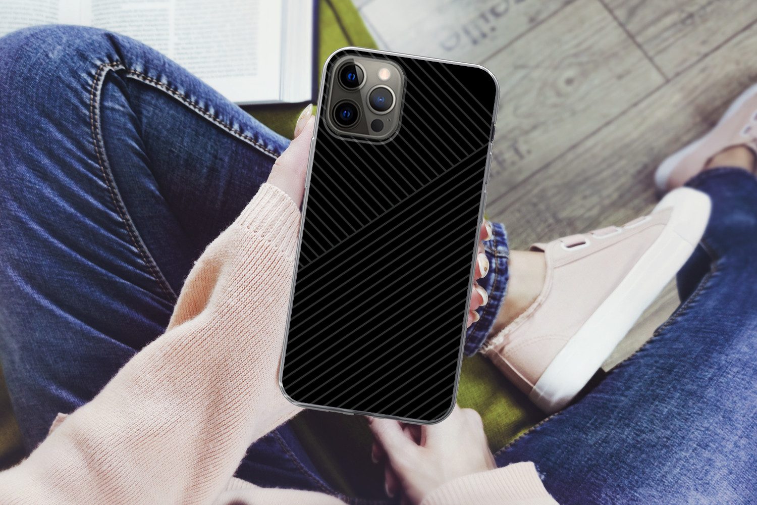 MuchoWow Handyhülle für Apple iPhone 13 Pro Max Linien - Abstrakt - Schwarz - Grau - Minim, Smartphone-Bumper, Print, Handy Schutzhülle Dünn
