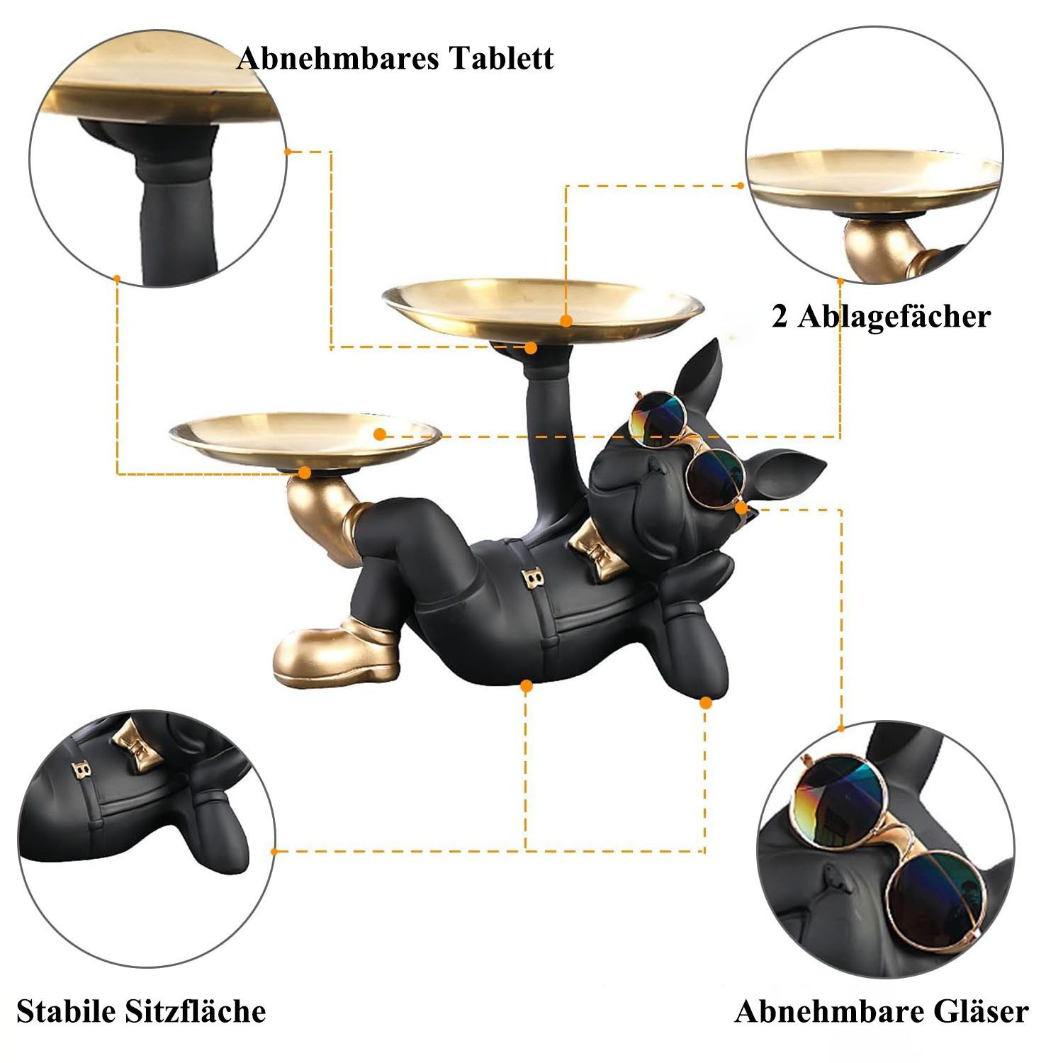SURFOU Dekoschale Bulldogge Skulptur Deko Schlüssel Ablage Hund mit Tablett (Tierskulptur Tischdekoration Eingang Desktop Dekoration), Schlüsselablage Flur für  – Bild 5 von 5