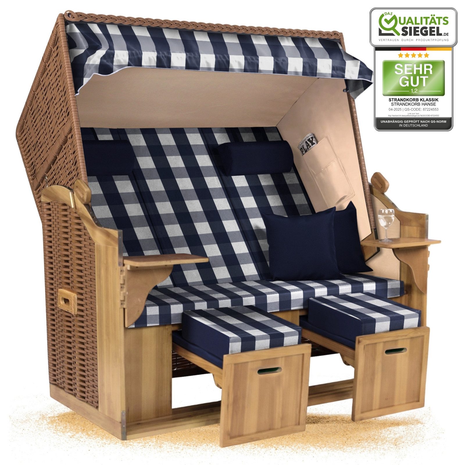 Strandkorb Hanse Strandkorb Strandkorb Ostsee XXL 2,5-Sitzer Volllieger Beige Blau, BxTxH: 150x80x160 cm, Ostsee XXL Volllieger, Ostsee 2,5-Sitzer Modell 2025, Stabiles Wacholder mit handgefertigtem Polyrattangeflecht