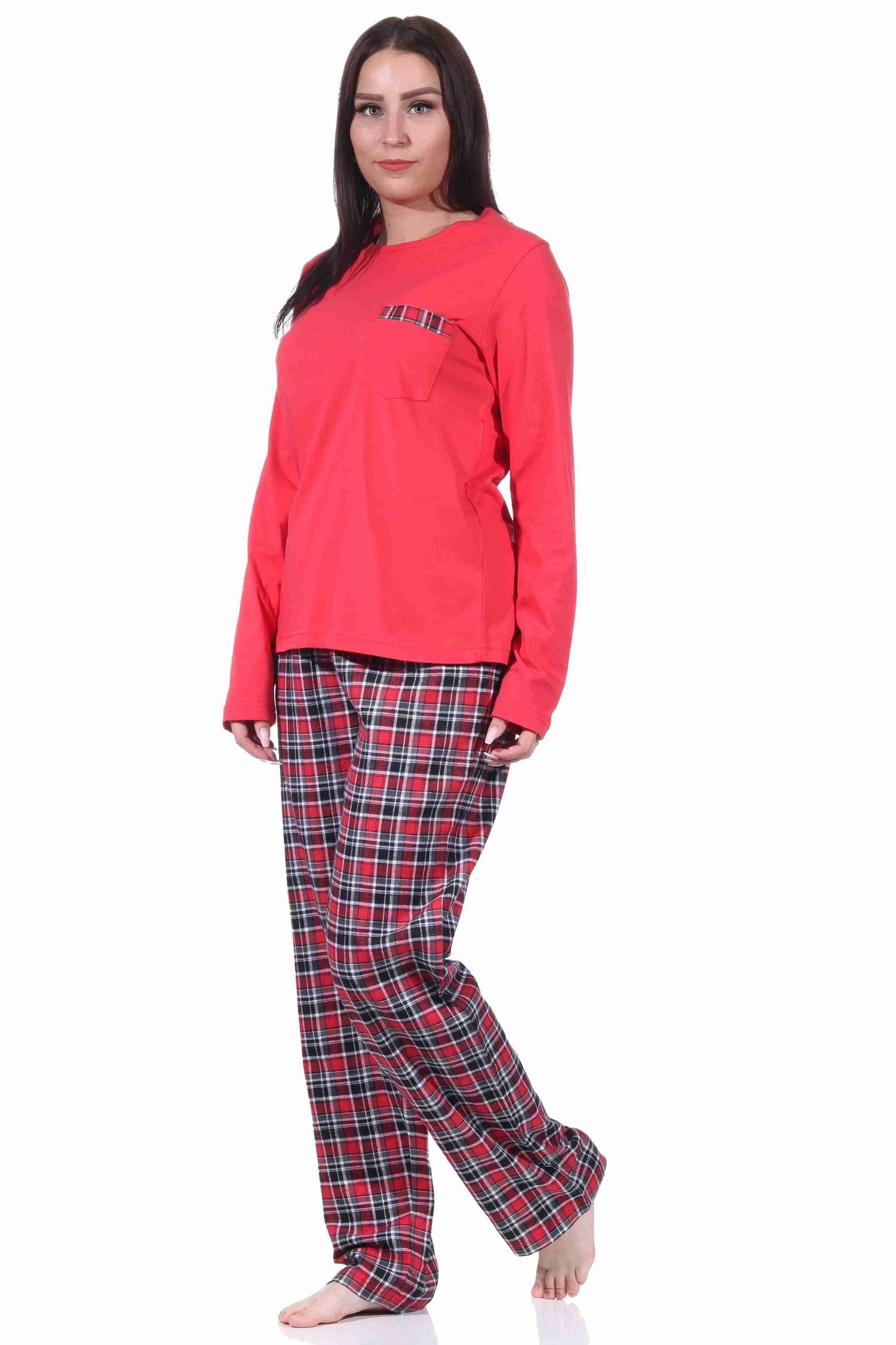 Normann Pyjama Damen Flanell Schlafanzug lang mit Flanell Hose und Jersey Oberteil rot