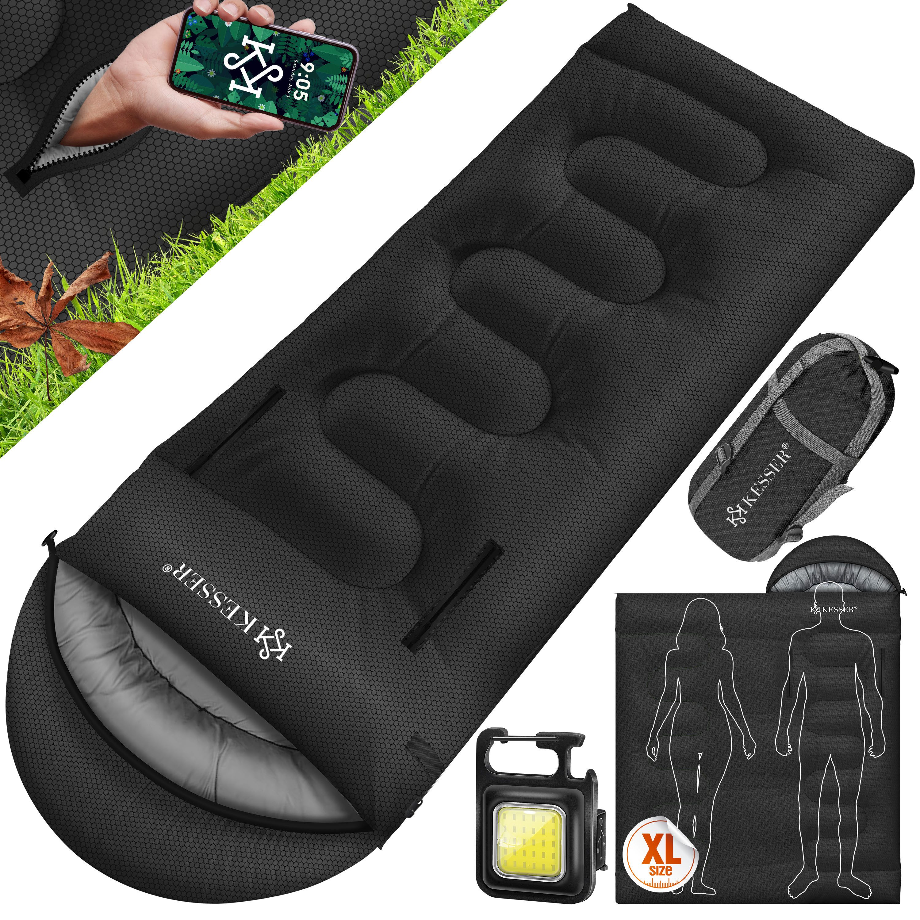 KESSER Deckenschlafsack Camping Schlafsack Outdoor 220x83cm 4 Jahreszeiten (Campingschlafsack inklusive Campinglampe & Seitentasche), für Erwachsene & Kinder Leicht Tragbar Warm & Wasserabweisend