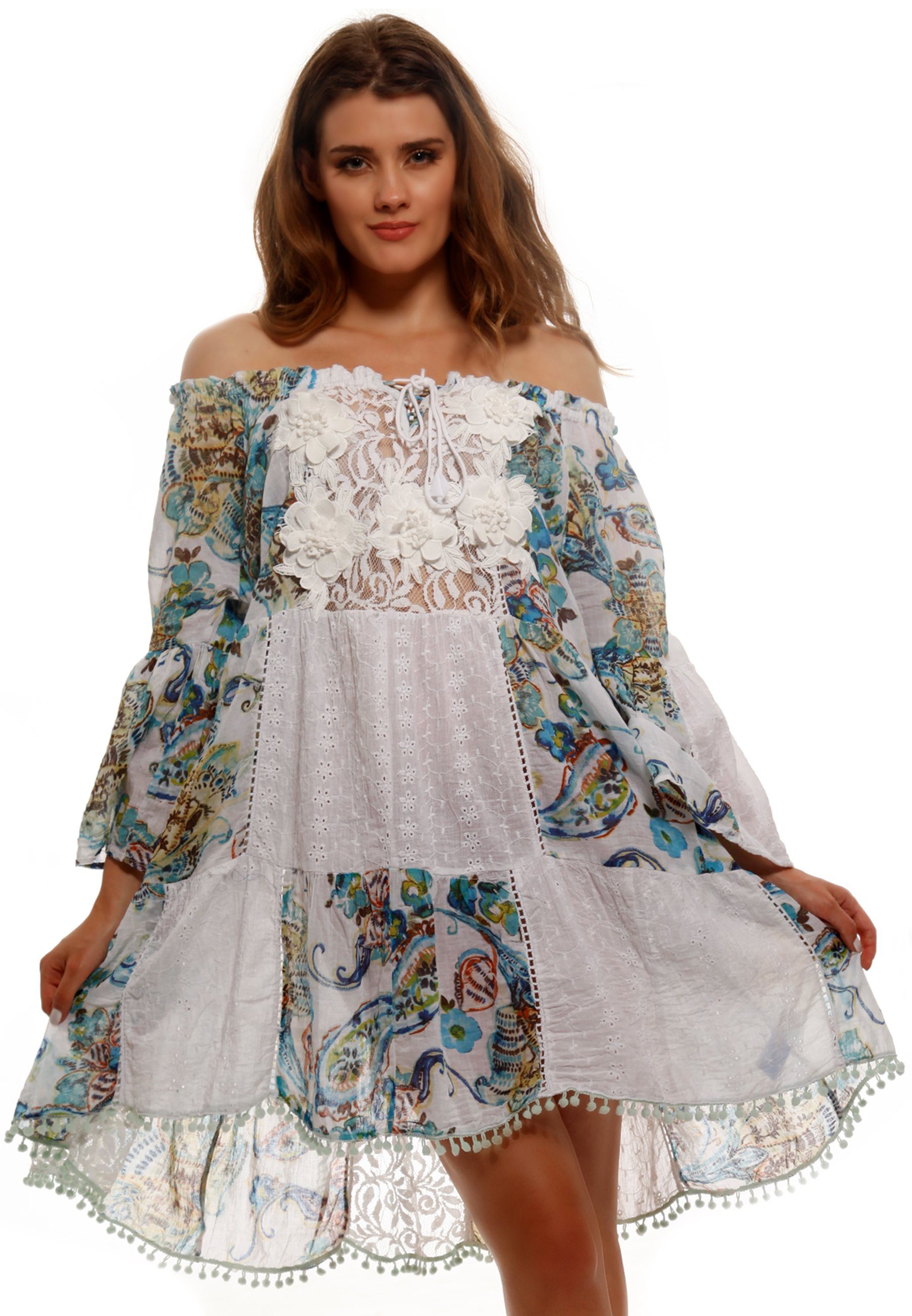 YC Fashion & Style Tunikakleid Tunika Kleid Boho Off Shouldner aus  Baumwolle (1-tlg) bequem zu tragen, mit Volant, mit Volants, mit Blumendruck