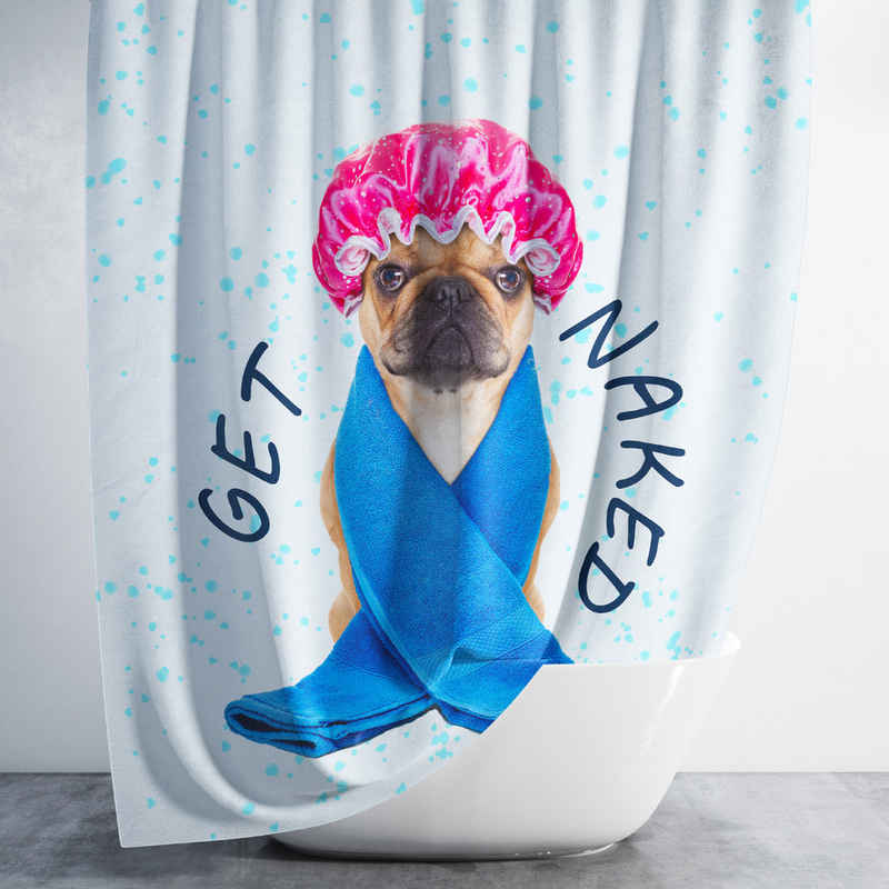 Ekershop Duschvorhang Textil Digitaldruck GET NAKED HUND BADEN für Duschstange Breite 120 cm (inkl. Ringe), Höhe 200 cm, wasserabweisend, waschbar, bügelbar