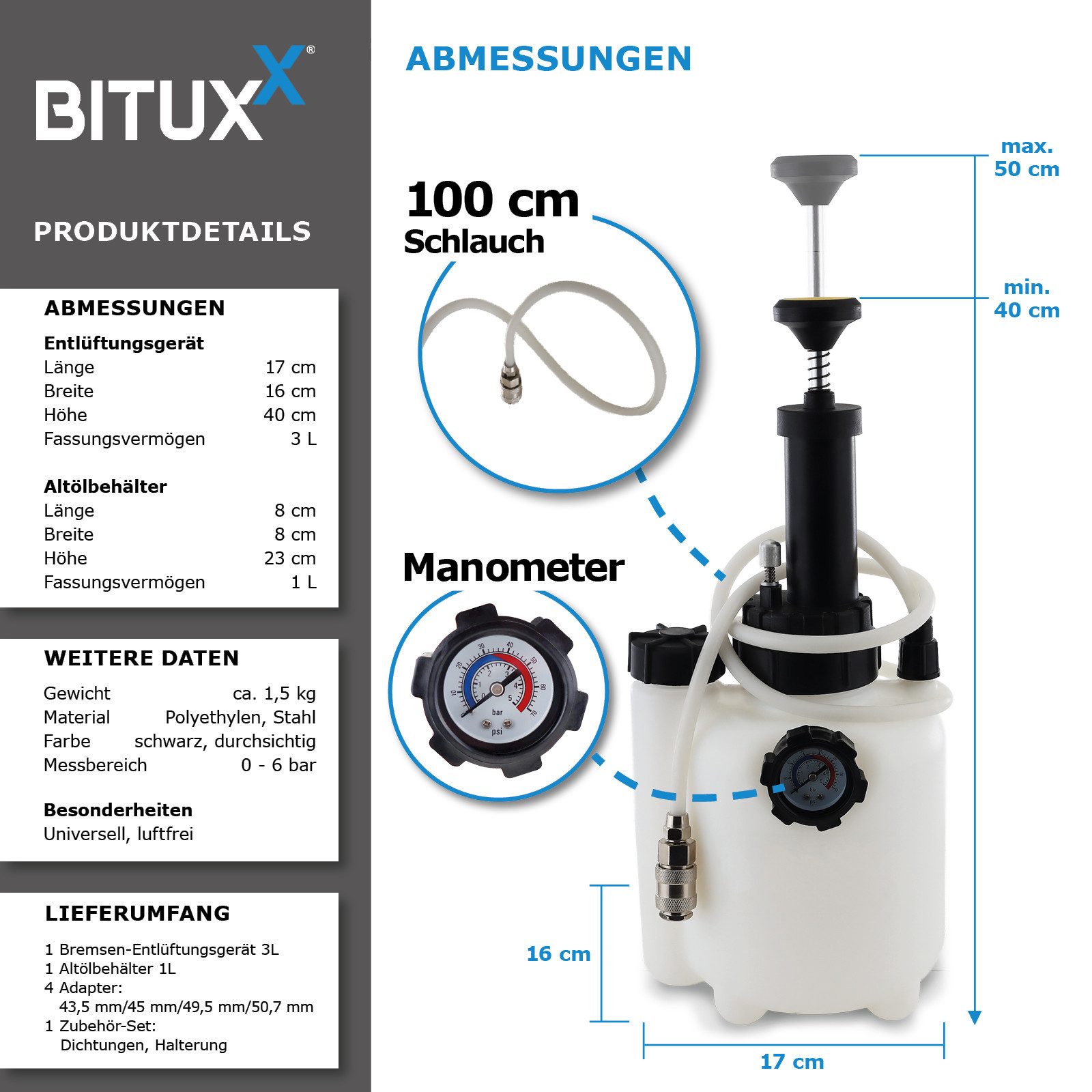 Bituxx Bremsscheiben-Richtwerkzeug Bremsenentlüftungsgerät mit Ausgleichsbehälter und 4 Adaptern – Bild 3 von 5