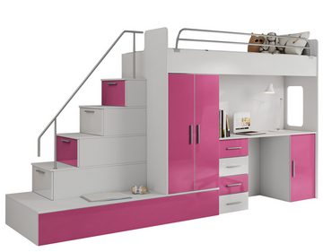 MKS MÖBEL Jugendbett EDEN 5 (Zwei Betten, Schreibtisch, Kleiderschrank, Treppe mit Schließfächern), mit zwei Betten, einem Schreibtisch, und einem Schrank
