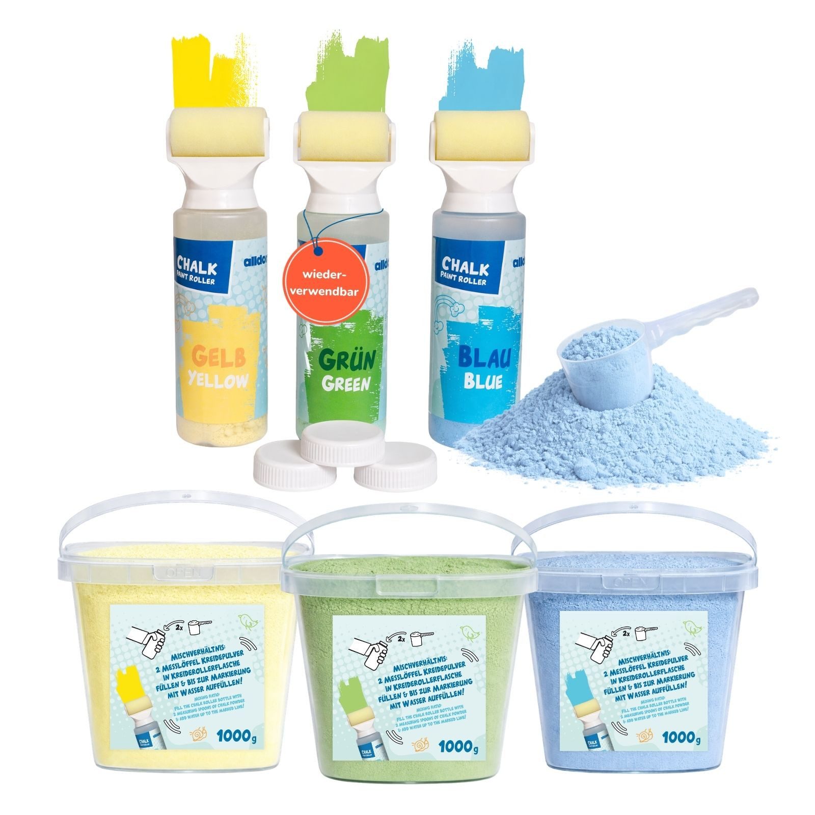 alldoro Malkreide Straßenmalkreide Roller 3er Set + 3 Nachfülleimer mit Kreidepulver, Straßenkreide in 3 Farben Gelb, Grün, Blau, für Kinder ab 3 Jahren
