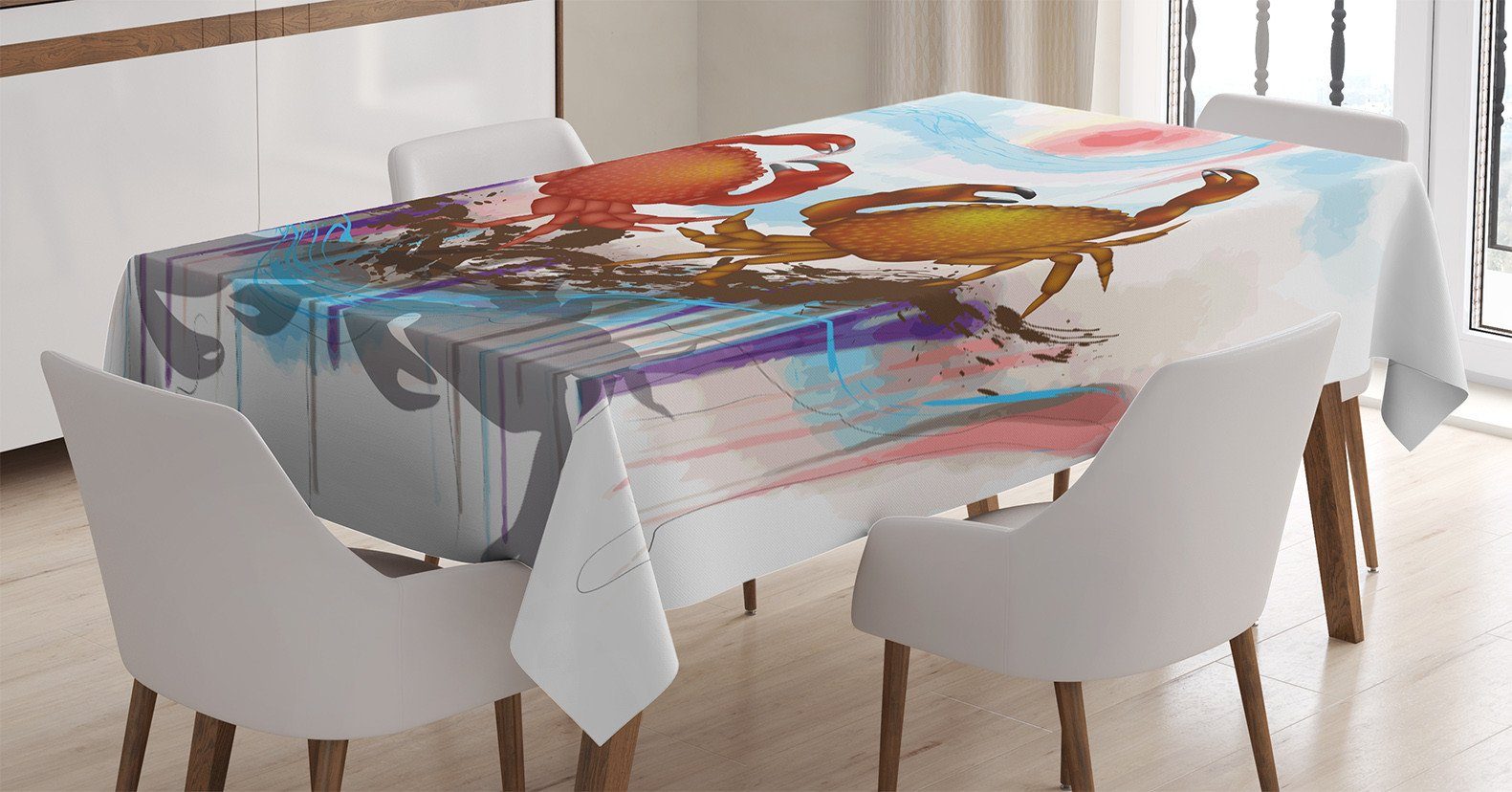 Abakuhaus Tischdecke Farbfest Waschbar Für den Außen Bereich geeignet Klare Farben, Abstrakt 2 Krabben Tanzen Meer