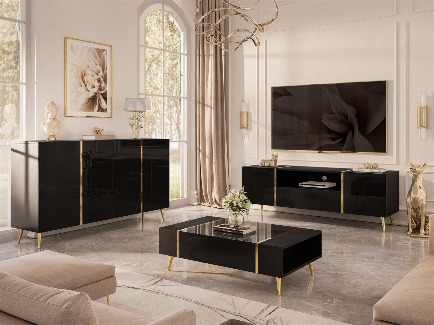 ALLHOUSE24 Wohnzimmer-Set DIAMANT Schwarz Hochglanz GOLD Metallfüßen Wohnzimmer Möbel SET, (3-St), Das Set besteht aus: Kommode, TV Schrank, Couchtisch