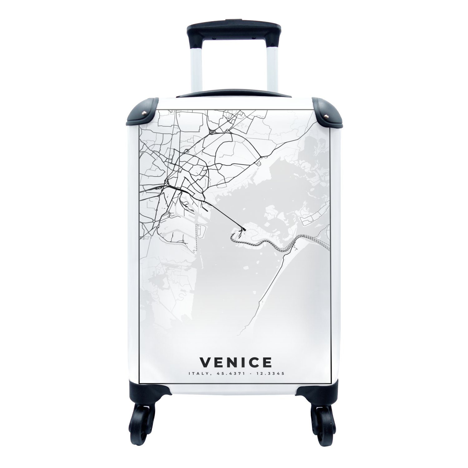 MuchoWow Handgepäckkoffer Venedig - Karte - Stadtplan - Schwarz und weiß - Karte, 4 Rollen, Reisetasche mit rollen, Handgepäck für Ferien, Trolley, Reisekoffer