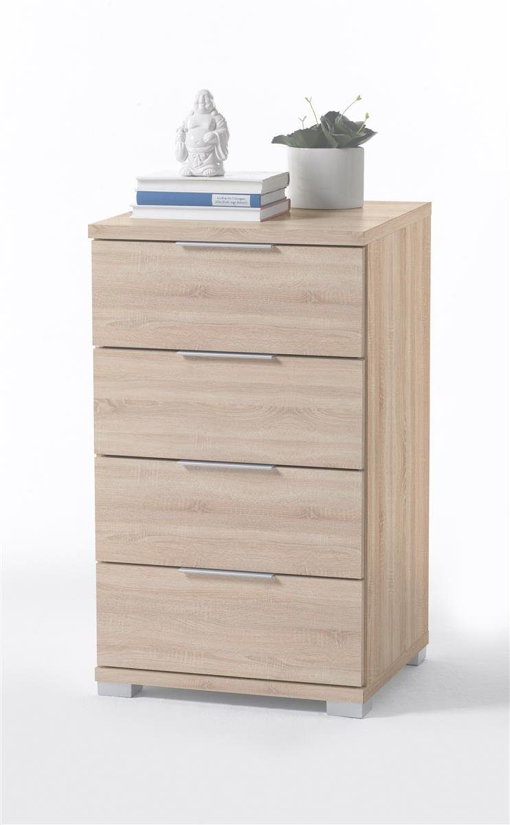 möbelando Nachtkommode Nelli, Nachttisch in Eiche Sonoma Optik - Moderner Nachtschrank mit vier Schubladen für Ihr Boxspringbett - 46 x 79 x 42 cm (B/H/T)