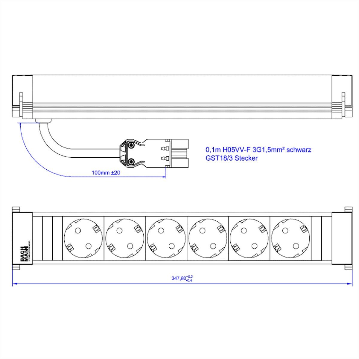 Bachmann POWER FRAME 6xCEE7/3 Einbau-Tischsteckdosenleiste (Kabellänge 0.5 m), GST18, 916.1134