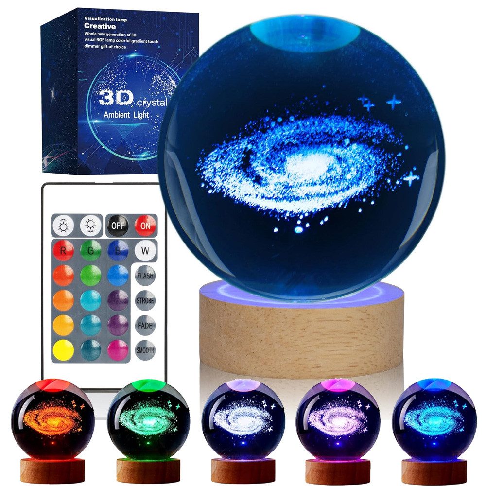 Bedee Dekolicht LED Nachtlicht 3D Galaxy Kristallkugel 16 Farben, LED fest integriert, RGB Kristalllampe Mit Fernbedienung