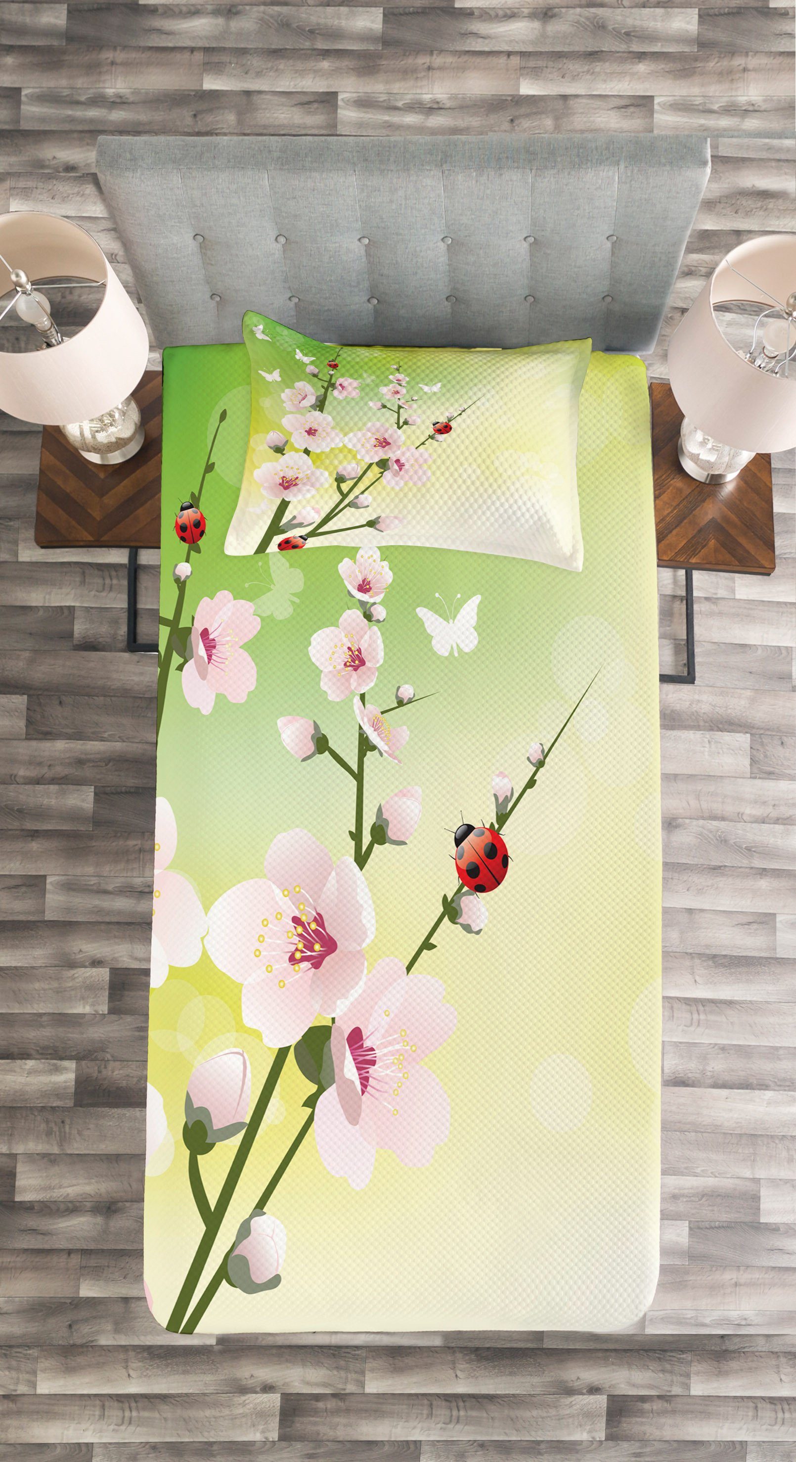 Tagesdecke Kissenbezügen Blumen Frühling Abakuhaus, Blüten Waschbar, mit Set Marienkäfer