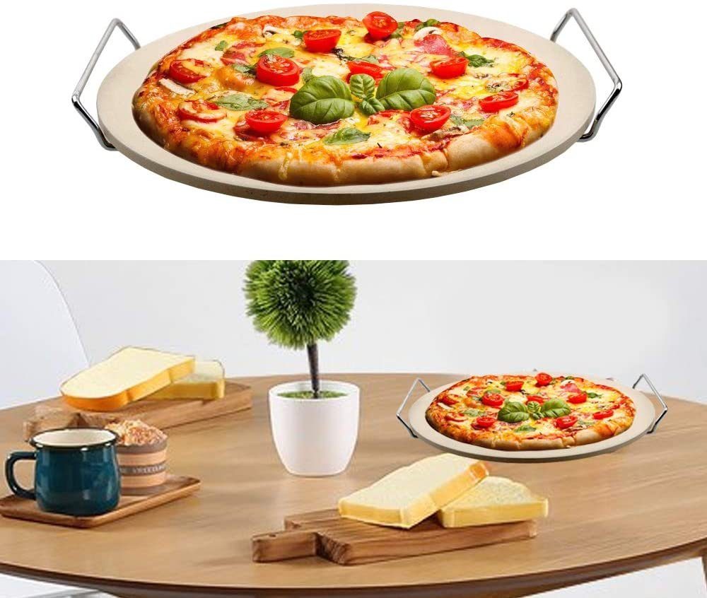 DRULINE Grillplattenaufsatz Pizzastein mit Halter, runde Steinplatte für Pizza