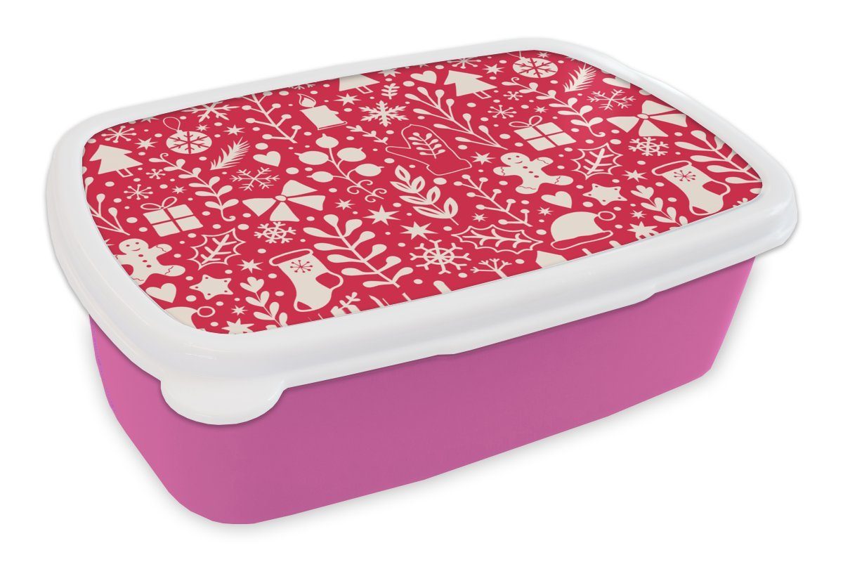 MuchoWow Lunchbox Muster - Weihnachten rosa Fest, Kunststoff für Mädchen, Kunststoff, (2-tlg), Brotdose Brotbox - Snackbox, - Winter Erwachsene, Kinder