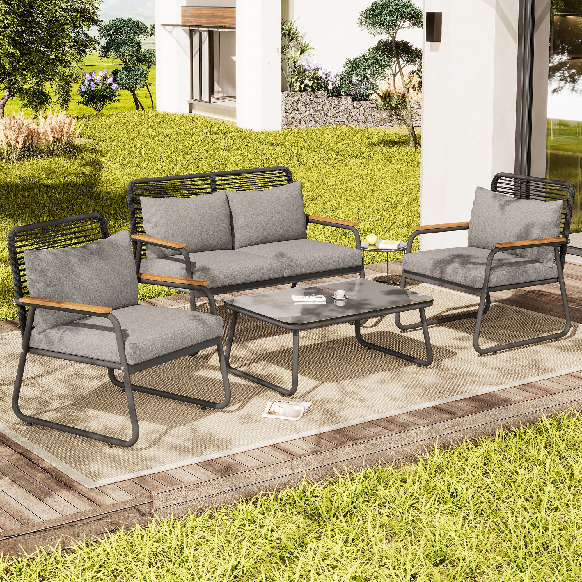 STILVORA Gartenlounge-Set mit 2 Sessel,Doppelsofa&Glastisch,Gartenmöbelset mit Beine verstellbar, (Gartenmöbel-Set für 4 Personen – Doppelsofa, Einzelsofas & Couchtisch mit verstellbaren Beinen., Doppelsofa: 118*65*78cm Einzelsofa: 63*65*78cm Tisch: 80*50*39cm), mit Relaxfunktion