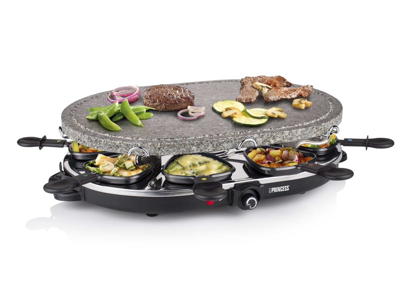 PRINCESS Raclette, 8 Raclettepfännchen, Großer Tischgrill für 2-8 Personen, Raclet Gerät mit Steinplatte